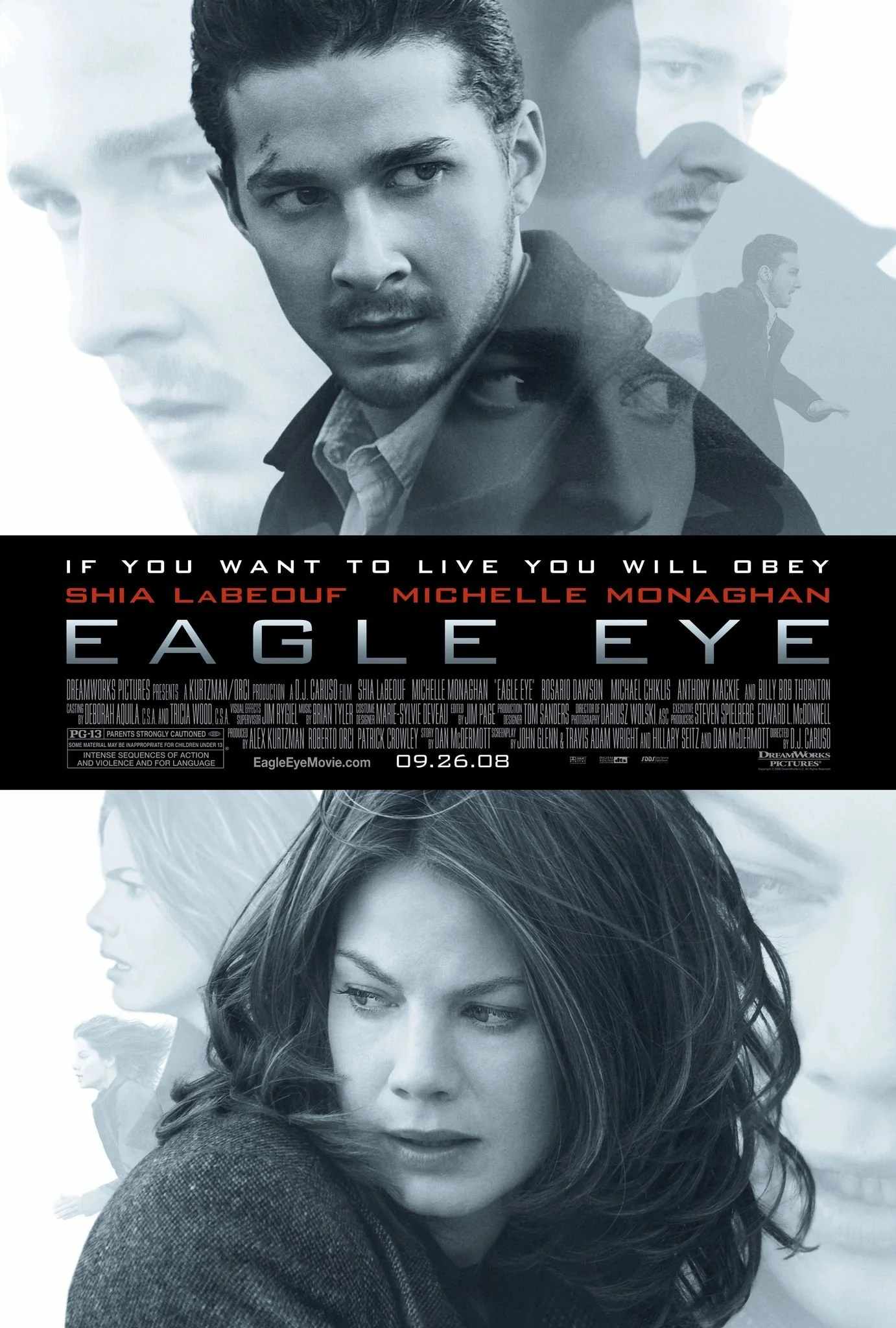 Double exposure movie poster for 'Eagle Eye' featuring Shia LaBeouf and Michelle Monaghan, with additional faces and scenes in the background.