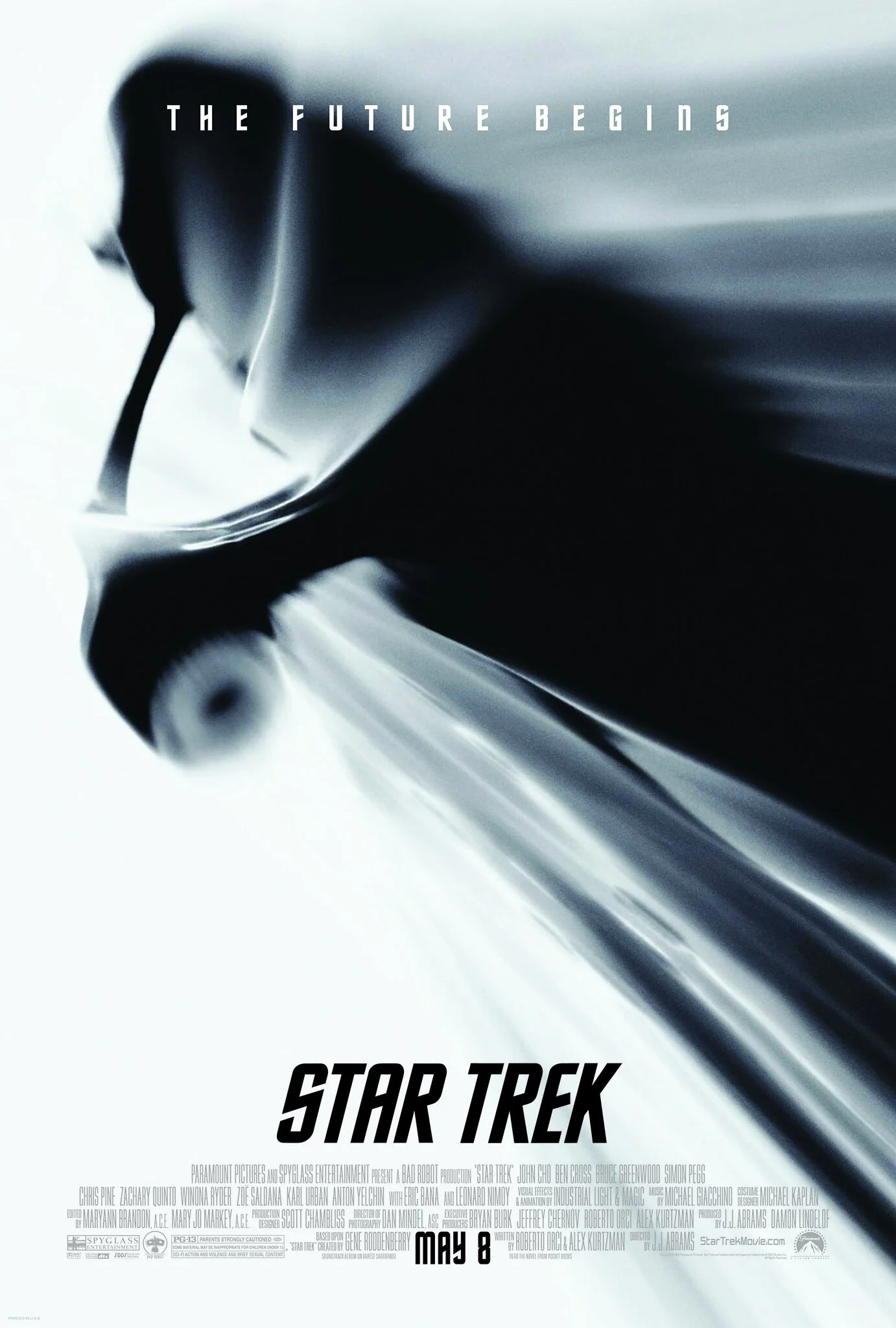 Star Trek movie poster featuring a sleek spaceship and the tagline 'The Future Begins' at the top, with release date May 8 at the bottom.