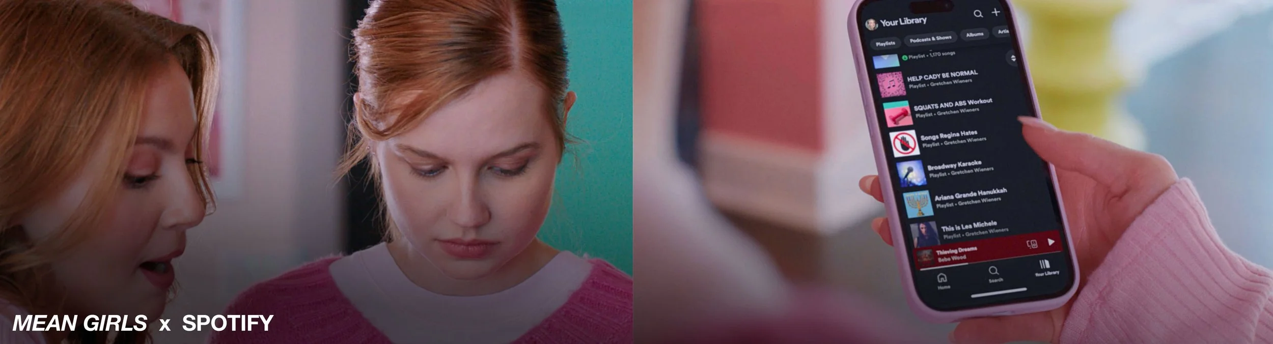 Two young women with red hair, one of them is looking down and the other is speaking, while a hand holding a smartphone displays a playlist screen from Spotify with various playlists and a video titled "Thieving Dreams".