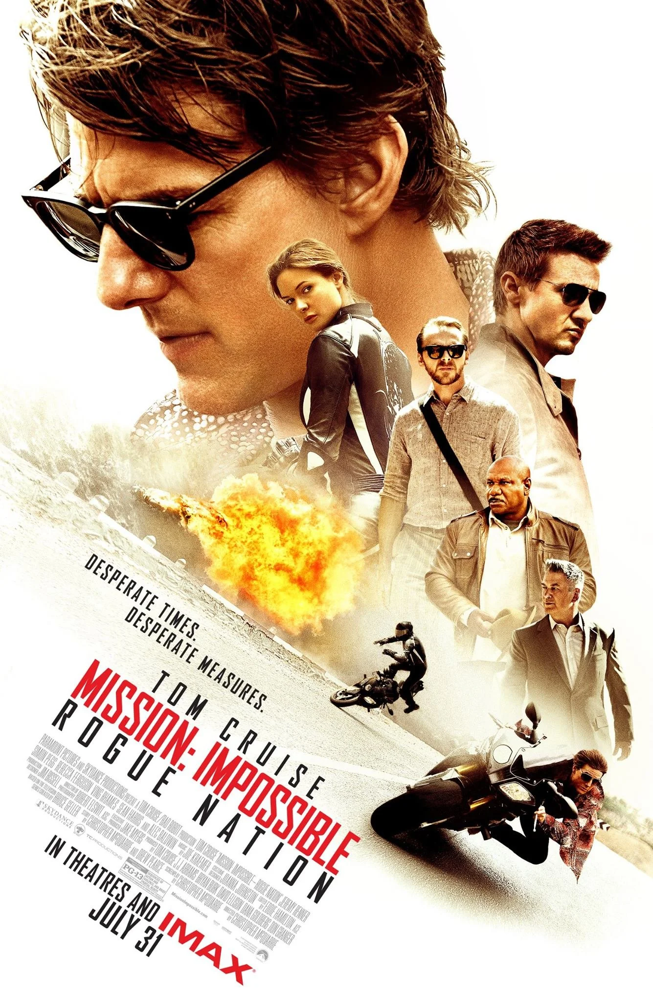 Movie poster for 'Mission: Impossible – Rogue Nation' featuring characters Ethan Hunt, Ilsa Faust, and others, with action scenes, explosions, and motorcycles.