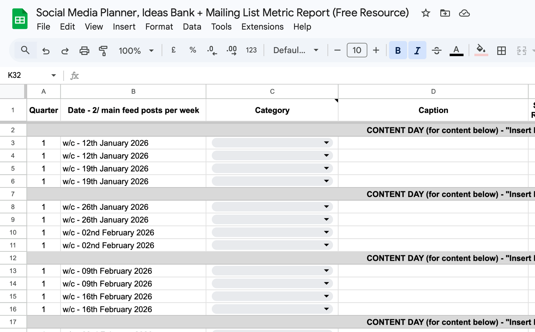 Social Media Planner, Ideas Bank + Mailing List Metric Report (Free Resource)