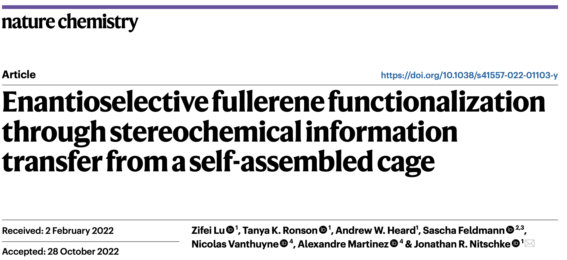 Nature Chemistry article titled 'Enantioselective fullerene functionalization through stereochemical information transfer from a self-assembled cage' with authors and publication details.