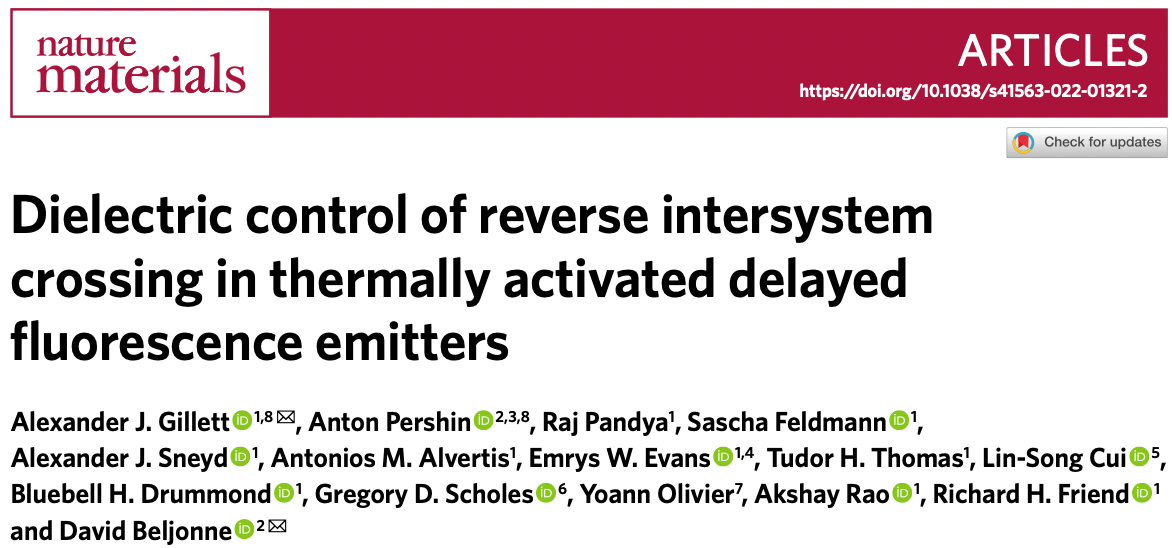 Nature Materials article titled 'Dielectric control of reverse intersystem crossing in thermally activated delayed fluorescence emitters,' with authors listed below.