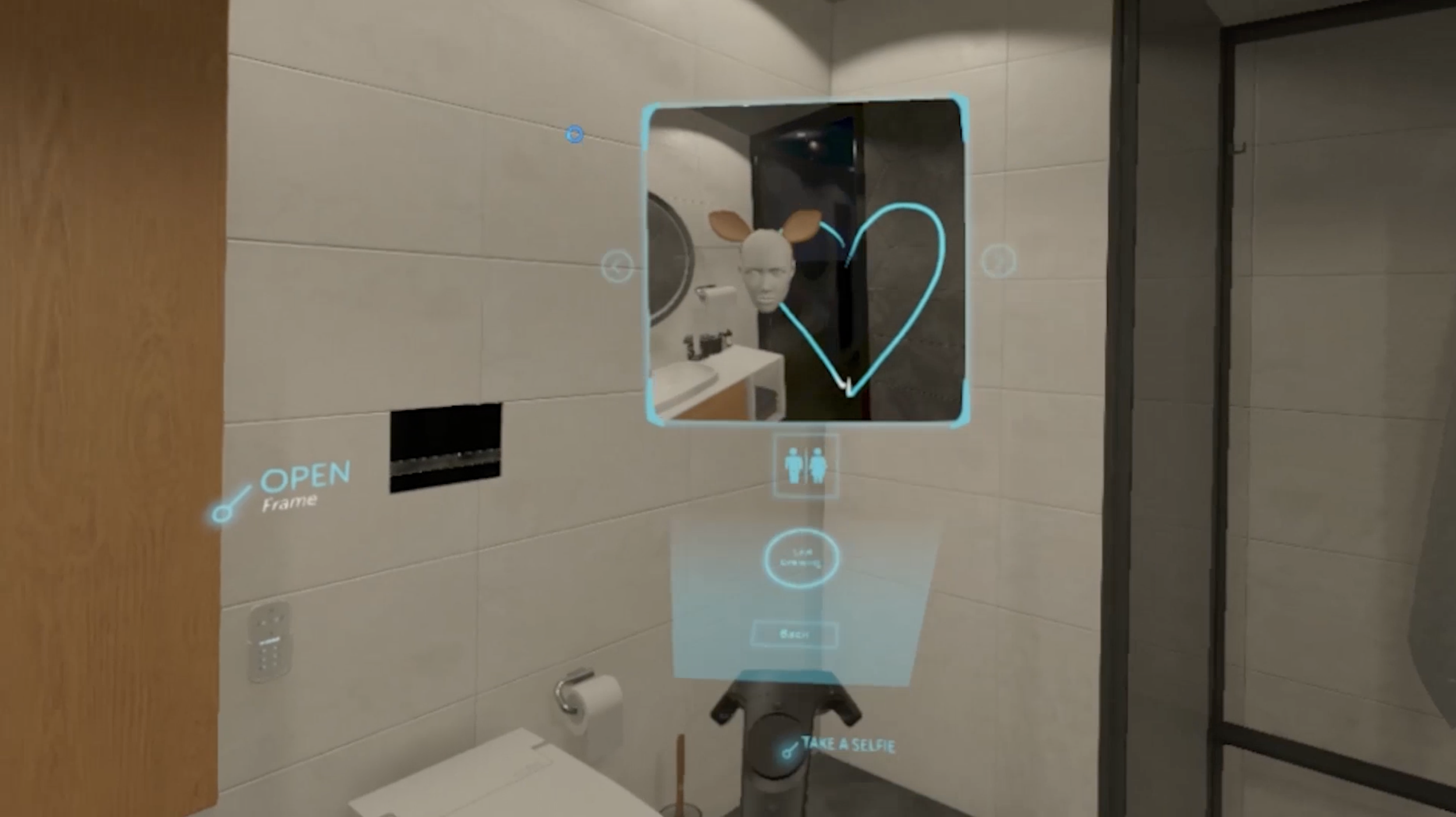 The Virtual Selfie mode is activated when the user gets in front of the bathroom mirror and sees their reflection as a 3D avatar.