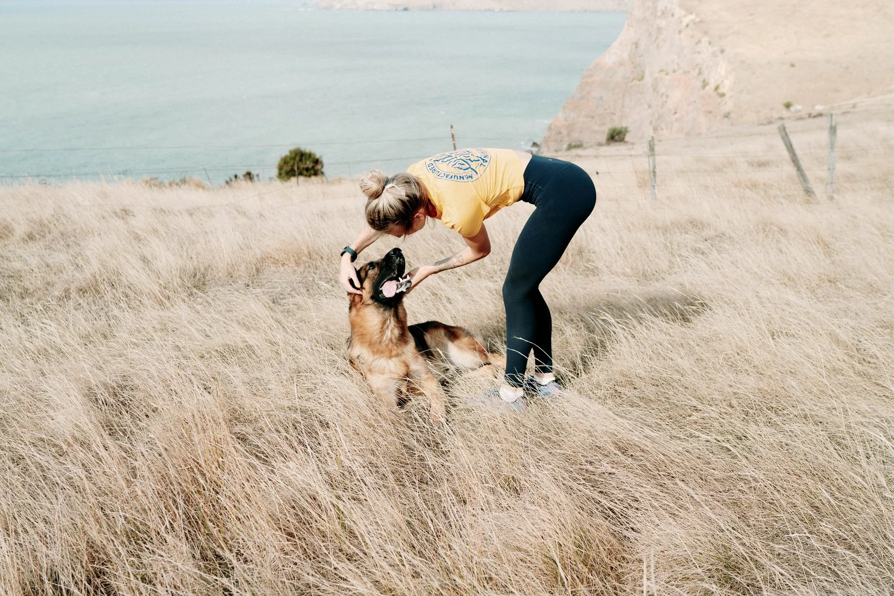 A woman in a yellow t-shirt and black leggings is playing with a large brown and black German shepherd dog in a grassy field near a coast. The woman is bent over, holding the dog's face, and the dog has its mouth open with its tongue out.