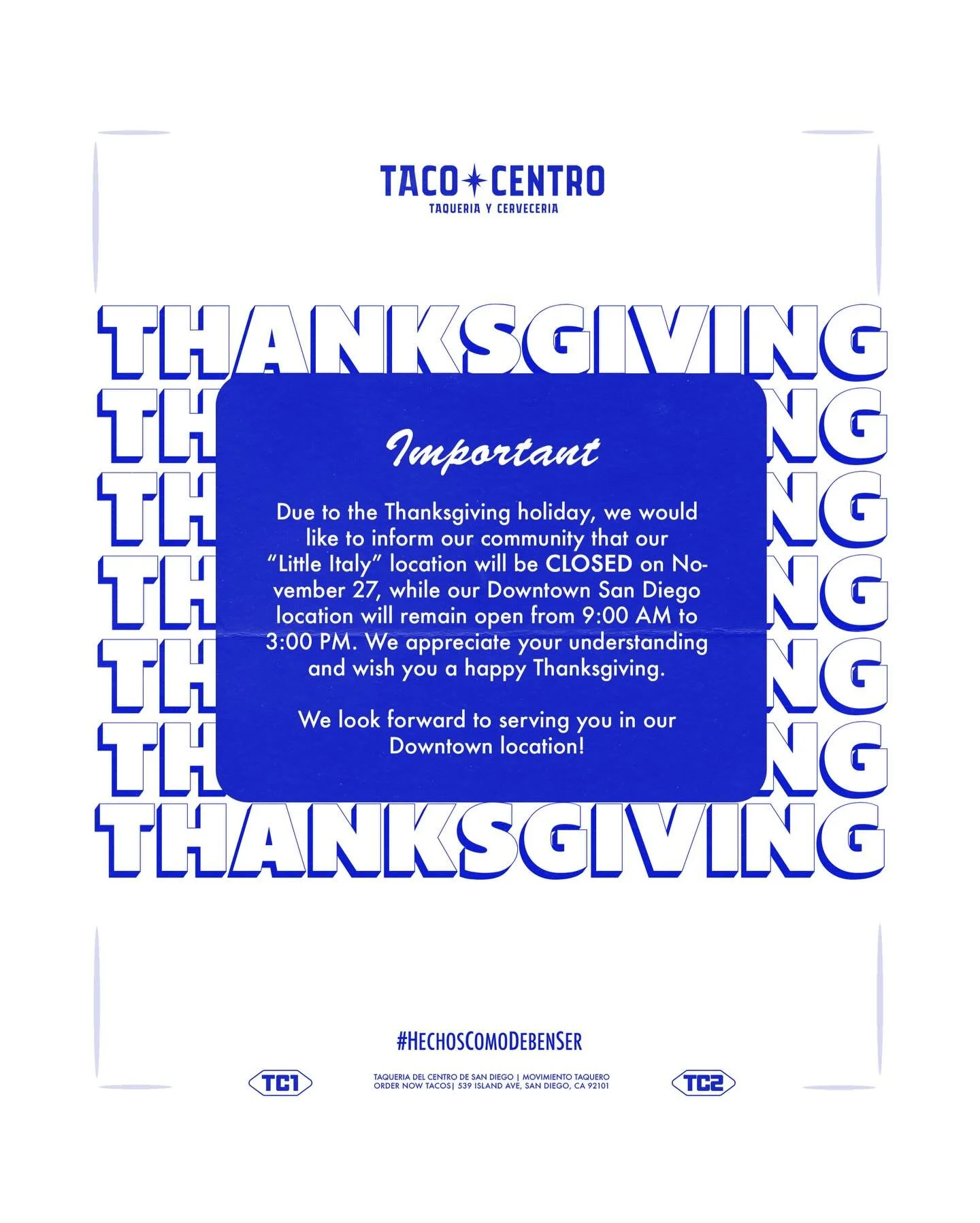 Due to the Thanksgiving holiday 🦃, we would like to inform our community that our Little Italy location will be closed on November 27, while our Downtown San Diego location will remain open from 9:00 AM to 3:00 PM. We appreciate your understanding a