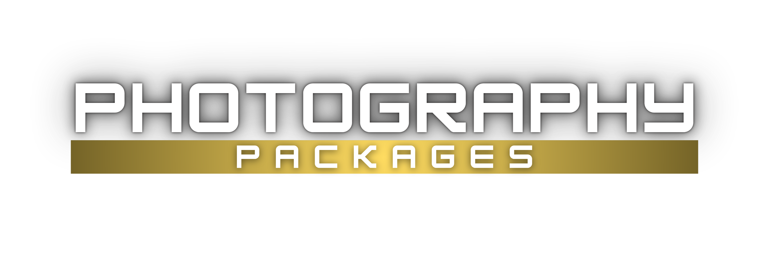 Graphic logo with the words 'Photography Packages' in bold, modern font, with 'Photography' in white and 'Packages' in gold on a black background.