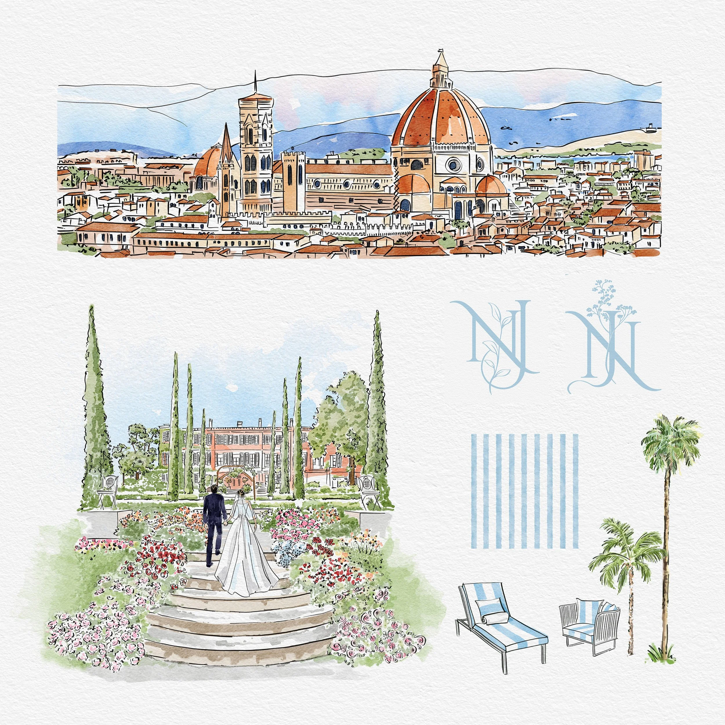 Whimsy style set: Monogram, pattern, Icons, panoramic, and venue with bride and groom 