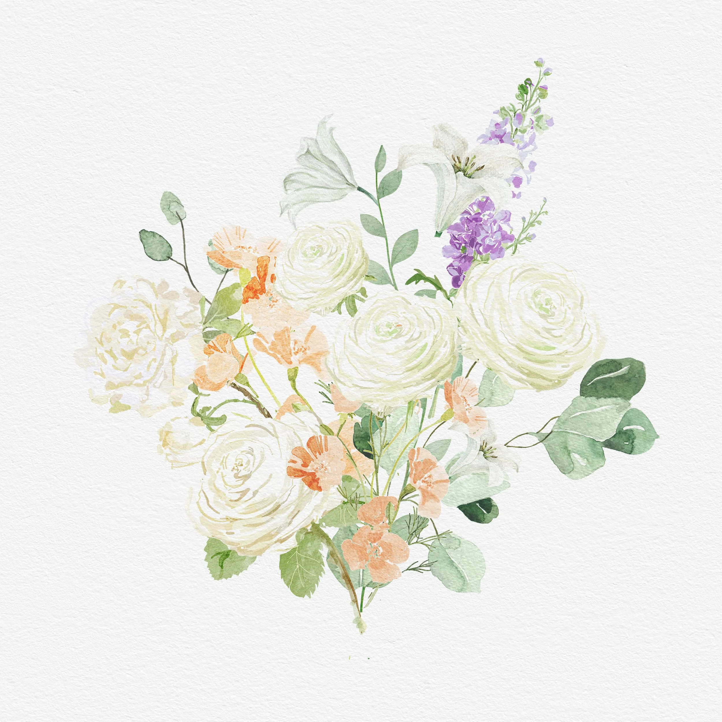 Ranunculus, Roses, California poppies, Lilies and Delphinium with Eucalyptus 