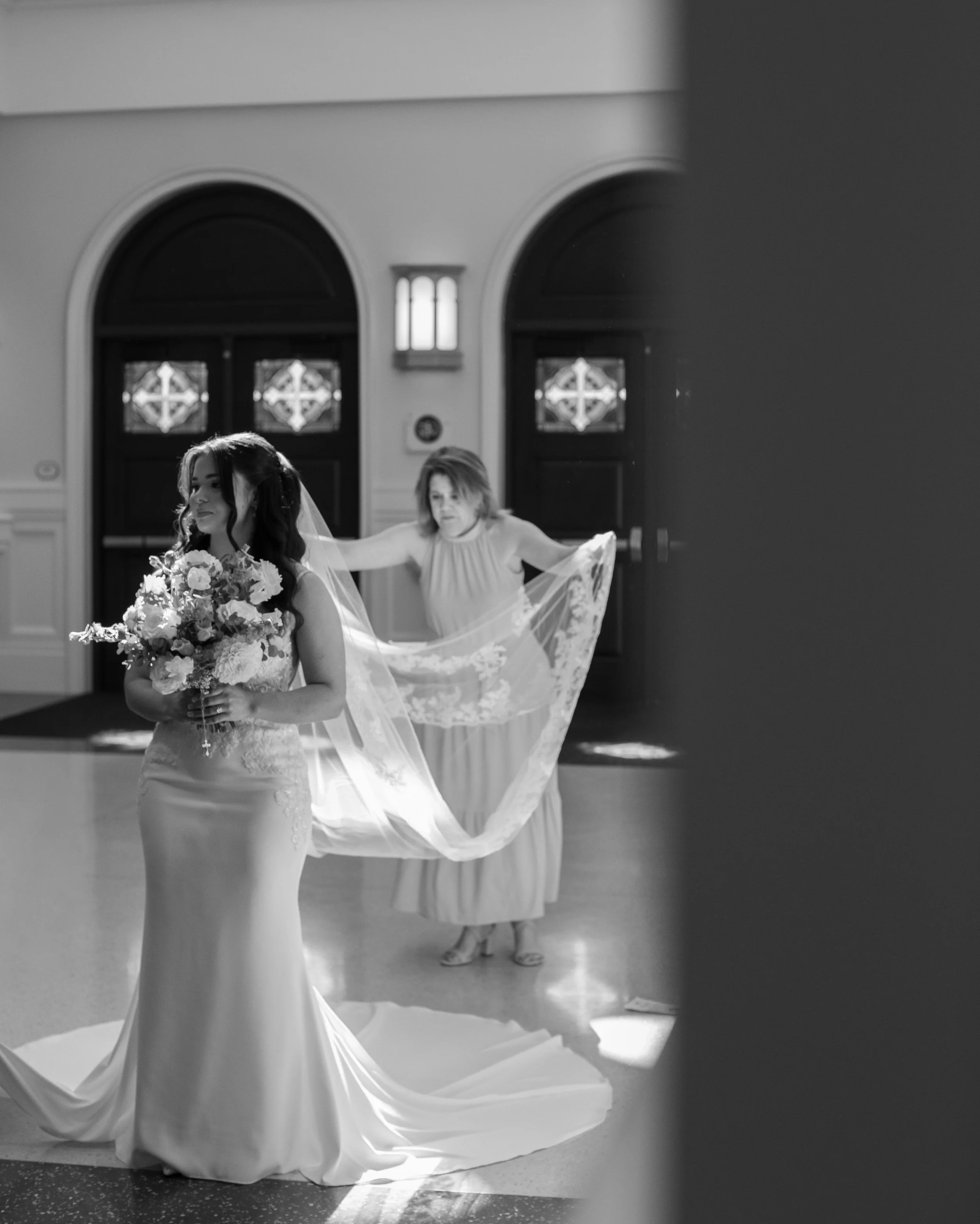 Bride smiling indoors in College Station, photographed by Mandy Laine Photo.