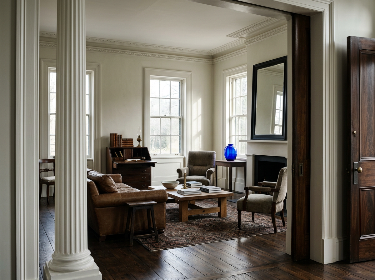 A cozy living room with vintage furniture, including a leather sofa, armchairs, a wooden coffee table, and a small wooden desk. Large windows let in natural light. Decor includes a blue vase, books, and a mirror above the fireplace.