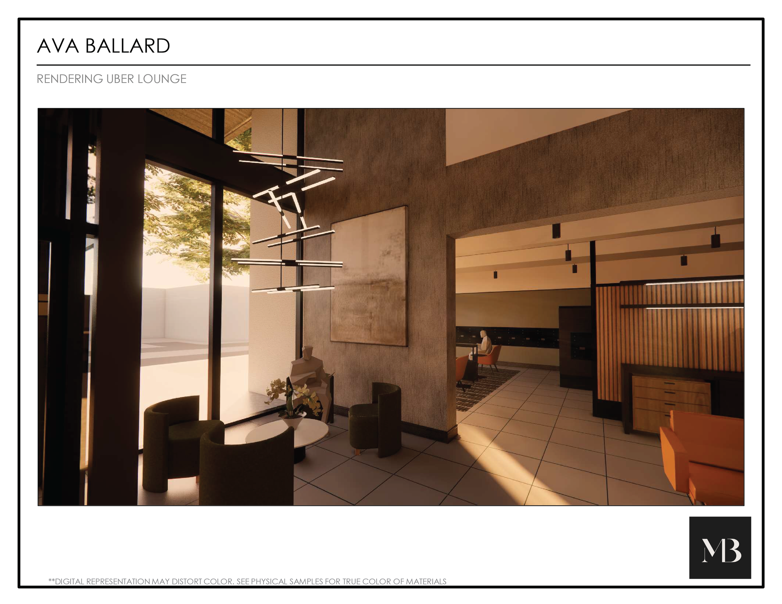 Modern interior hotel lobby with large glass windows, contemporary chandelier, seating area with green chairs and a small white table, textured walls, and a person seated at a desk in the background.