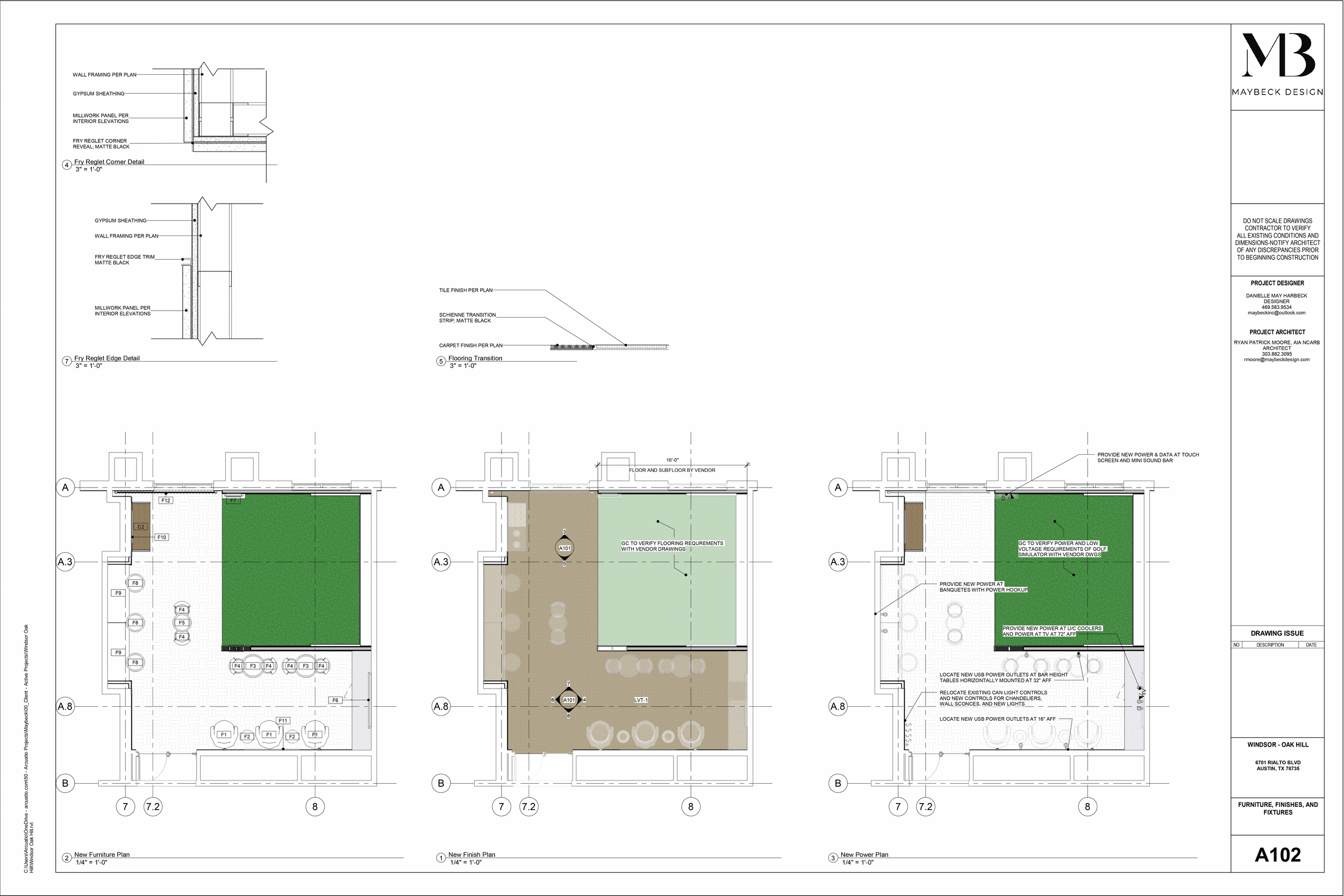 Architectural blueprint of a room renovation project. Shows three detailed plans of a space, including furniture layout, electrical outlets, flooring, and design notes. Contains technical details and project information.