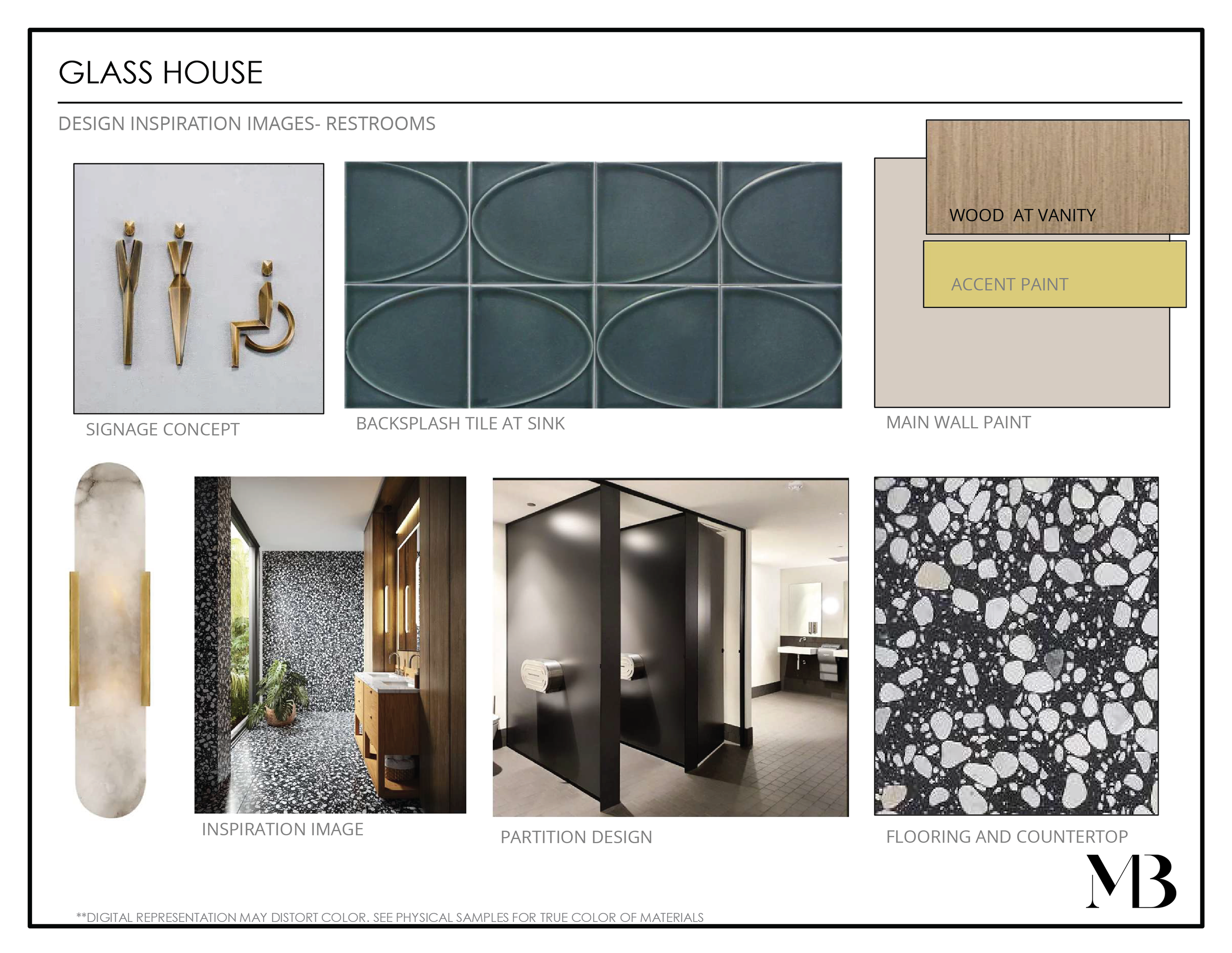 Design inspiration ideas for restrooms, including signage concept using gold figures, backsplash tile at sink with oval shapes, main wall paint in beige and accent paint in yellow, inspiration image of a restroom wall with terrazzo flooring, partition design with black walls, and a countertop with terrazzo pattern.