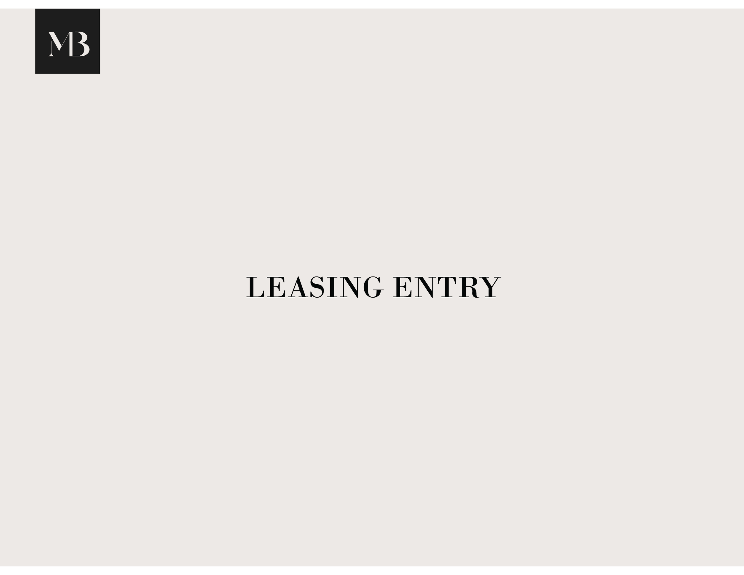 A gray and white graphic with the text 'LEASING ENTRY' in black, and a small black square in the top left corner with white letters 'MB' inside.