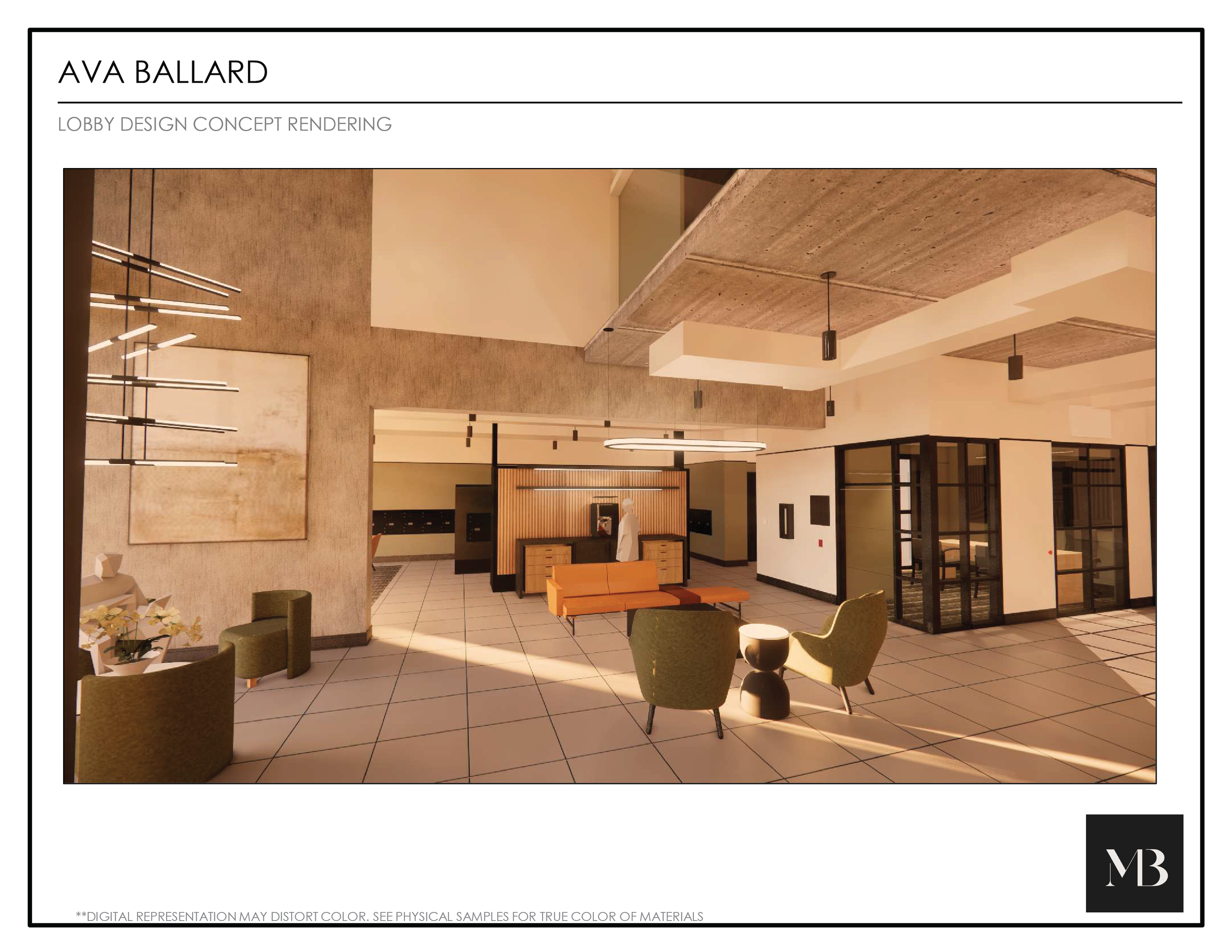 Lobby with modern furnishings, including green chairs, an orange bench, light-colored tile flooring, and decor with warm lighting and textured walls.