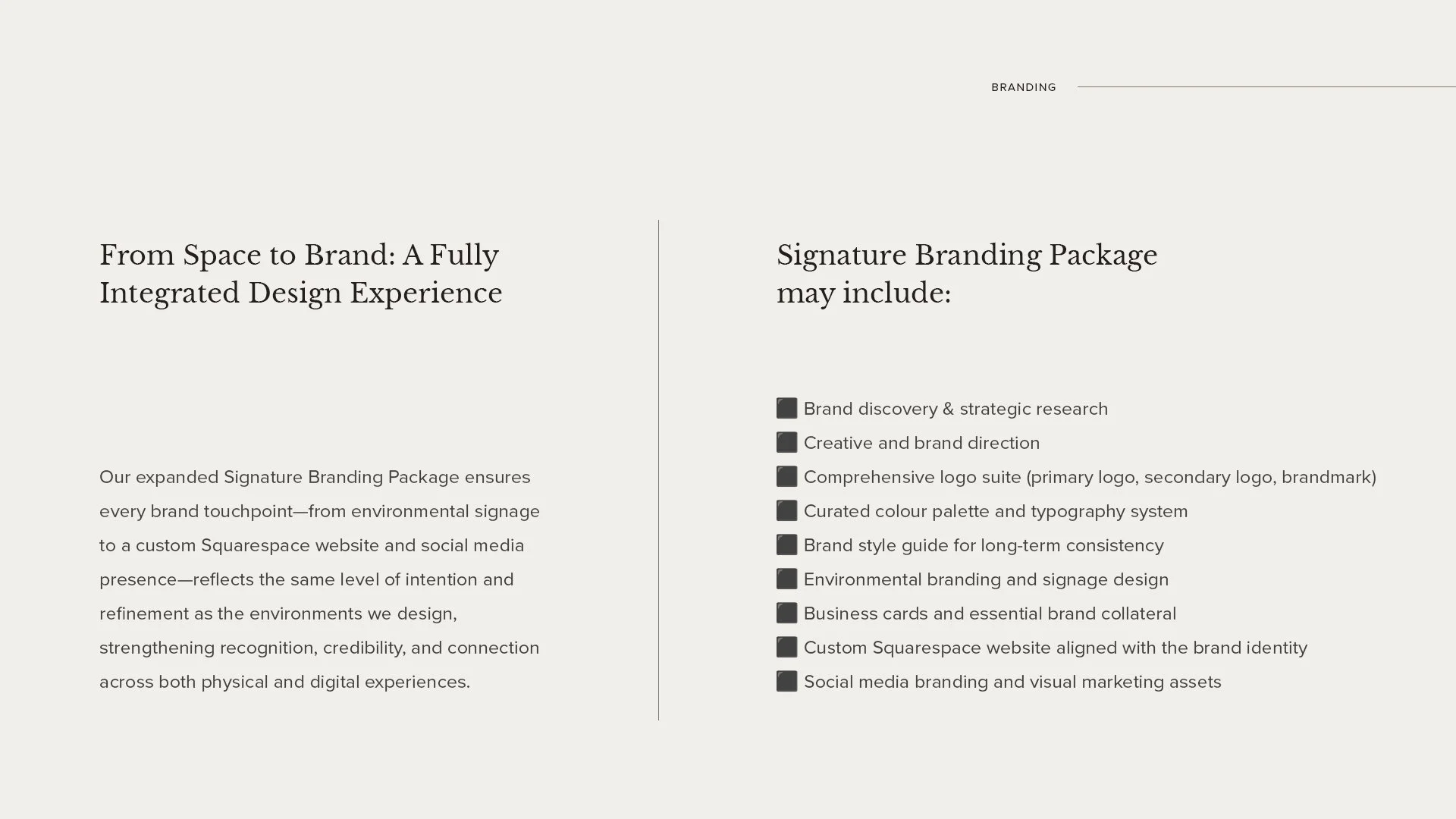 Two-page spread of a marketing brochure or presentation slide about branding. The left page contains a paragraph about a fully integrated design experience, and the right page lists elements of a signature branding package, including brand research, 