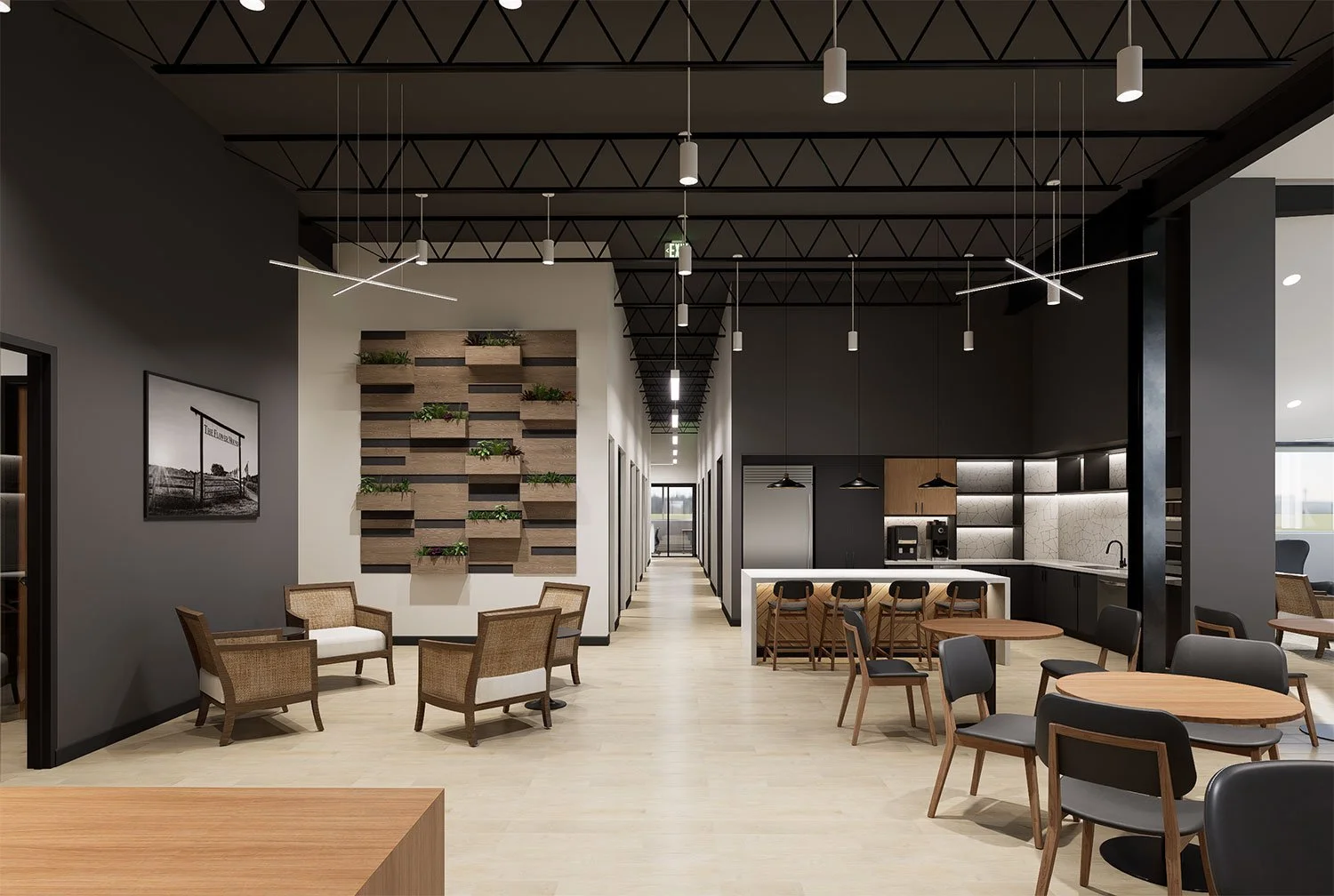 A modern coffee shop or lounge with wooden chairs, round tables, a kitchen area with bar stools, and decorative wall art with plants.