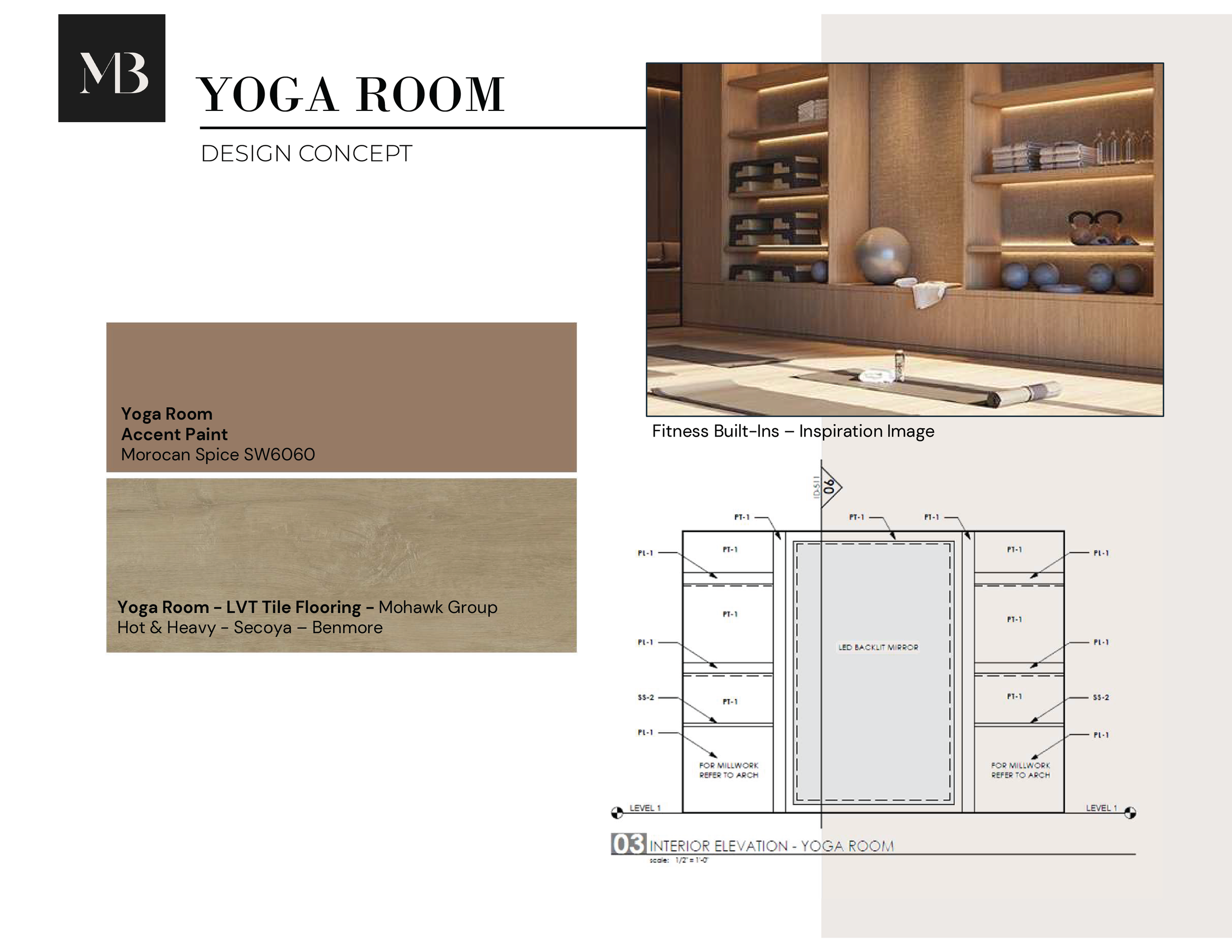 A design plan for a yoga room featuring a photo of a minimalist wooden interior with shelves holding exercise equipment and a yoga mat on the floor. The plan includes color and flooring details, with notes on lighting and mirror placement.