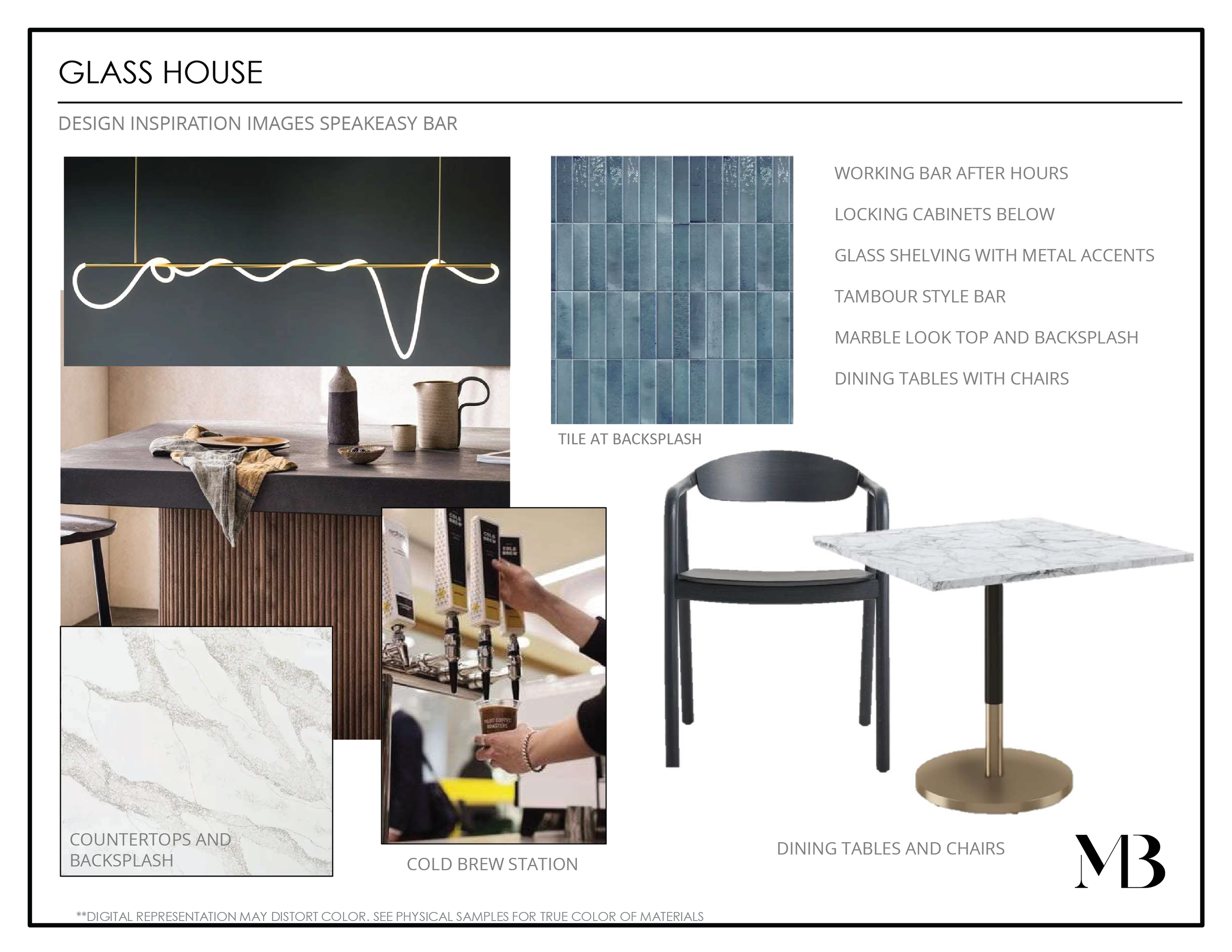 Design inspiration mood board for the 'Glass House' bar concept, including images of a modern lighting fixture, blue tile backsplash, marble countertop, black dining chair, marble-topped dining table with brass base, a cold brew coffee station, and a marble countertop with backsplash.