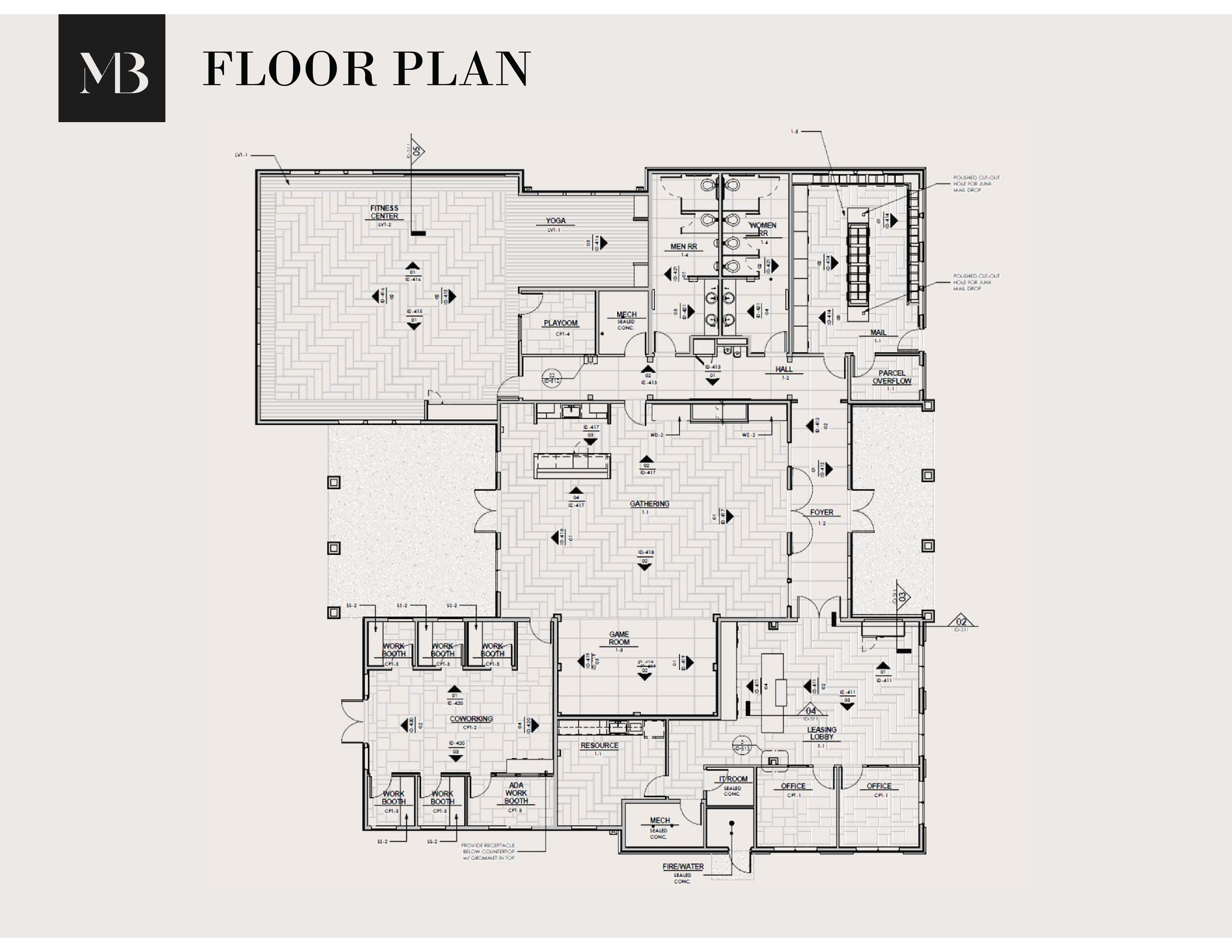 Architectural floor plan of a building with rooms labeled as fitness center, yoga, playroom, gathering, offices, workshop, game room, and other amenities.
