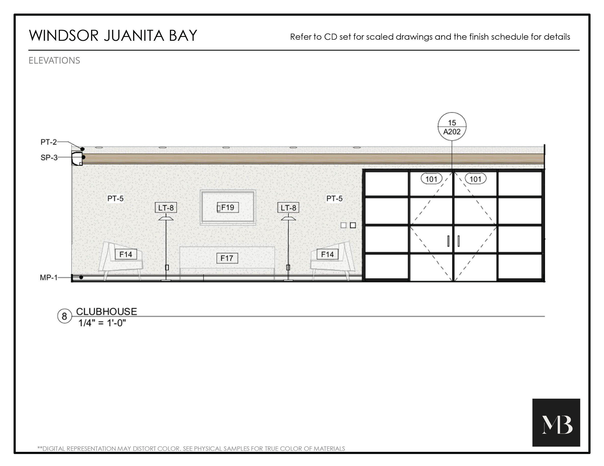 Architectural elevation drawing of Windsor Juanita Bay clubhouse, showing structural and design details of the building's front facade with seating area, doors, and window grid, labeled with measurements and identifiers.