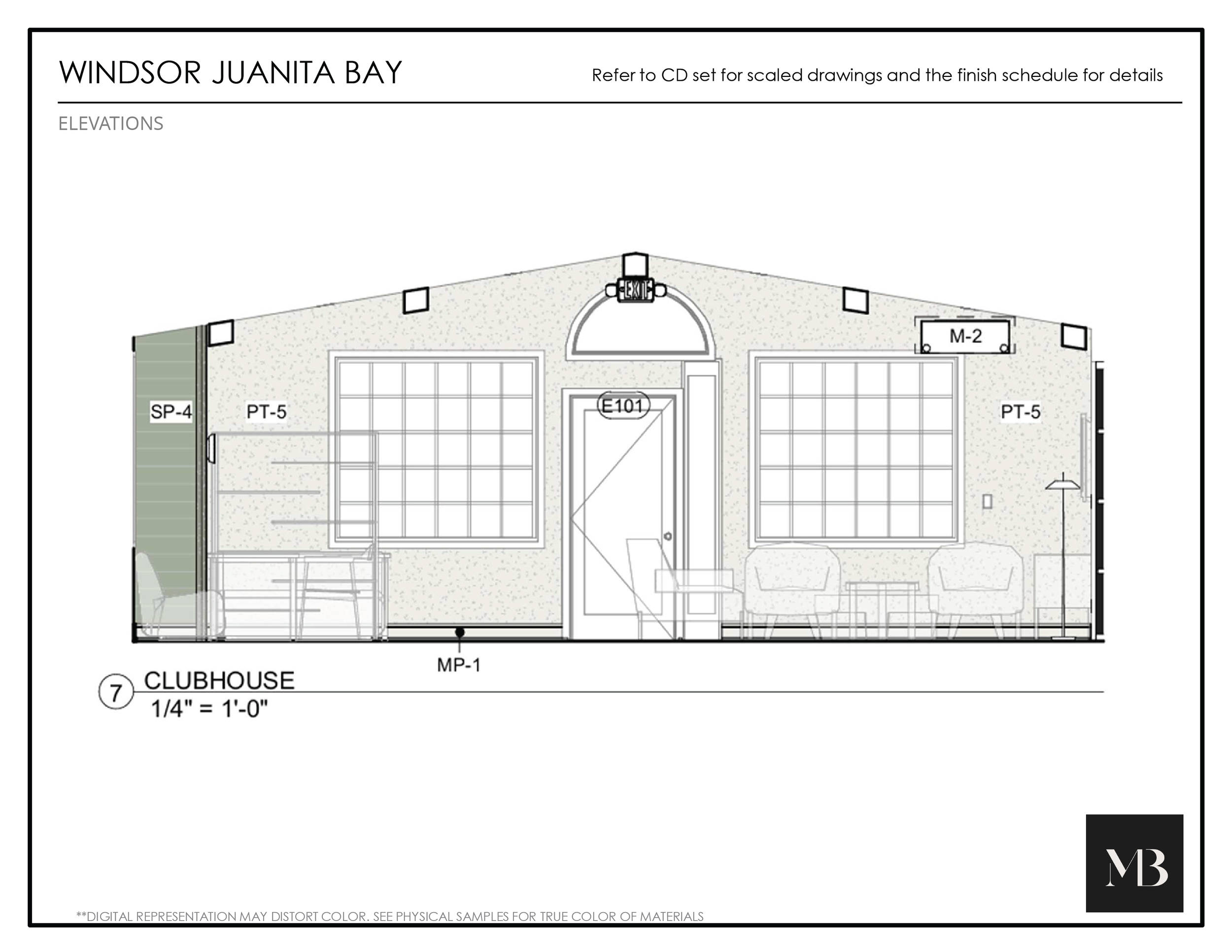 Architectural drawing of Windsor Juanita Bay clubhouse with labeled elevations, windows, doors, and furniture, including chairs, tables, and a sofa, along with scaled measurements and notes.