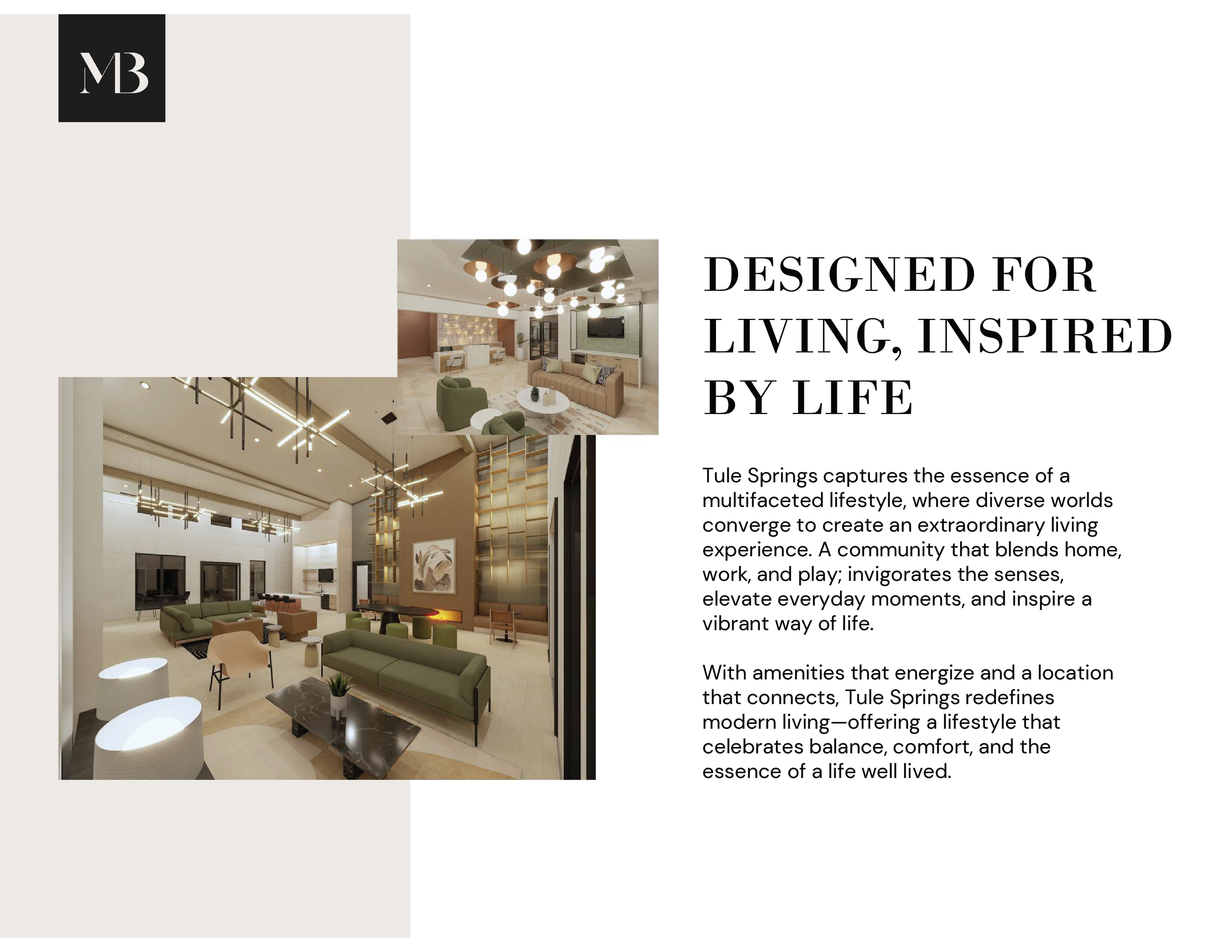 A brochure page featuring images of modern, stylish living spaces with contemporary lighting, comfortable furniture, and elegant decor, along with text describing the lifestyle and amenities of Tule Springs.