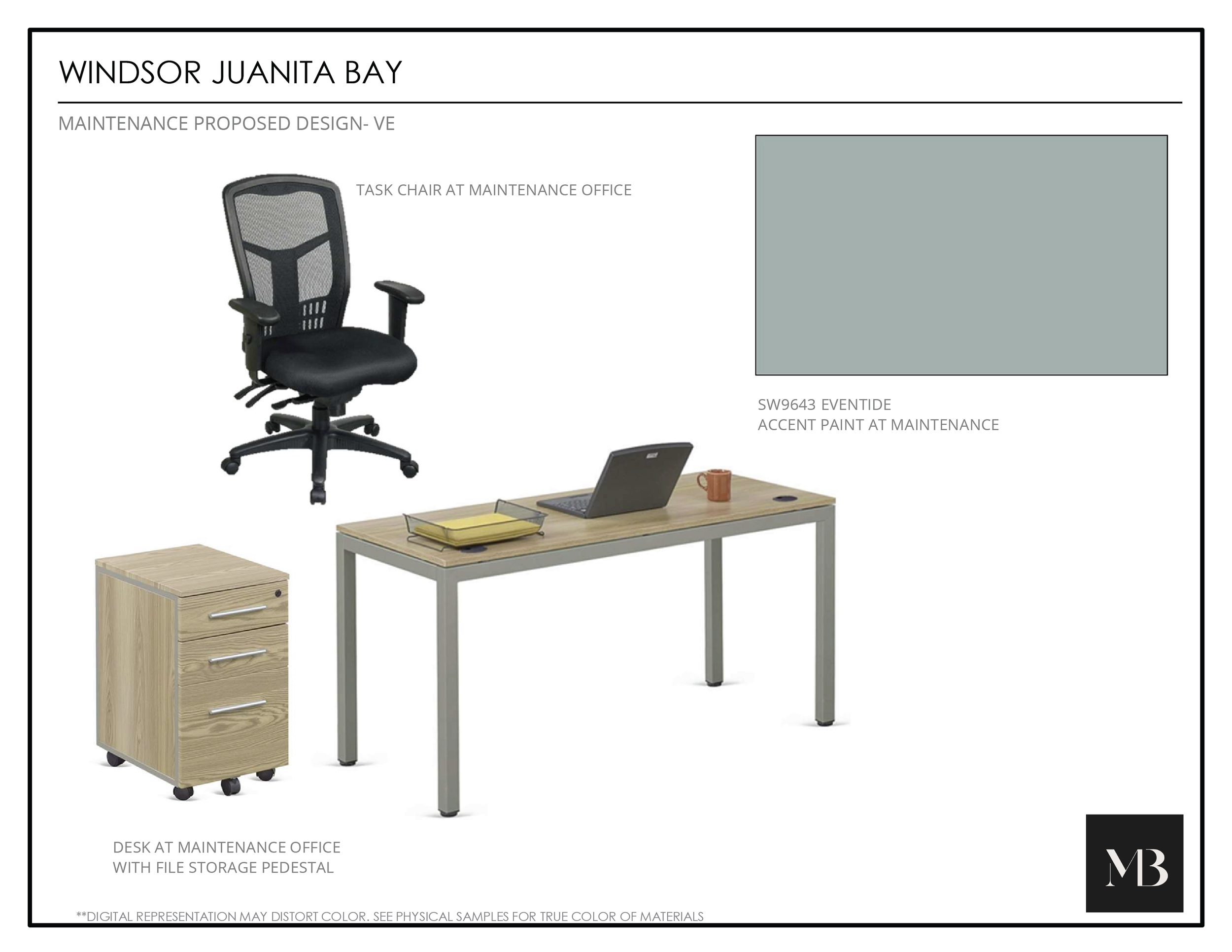 Design proposal for Windsor Juanita Bay maintenance office showing a task chair, desk with laptop, file tray, mug, and a file storage pedestal, with a color sample labeled SW9643 Eventide for accent paint.
