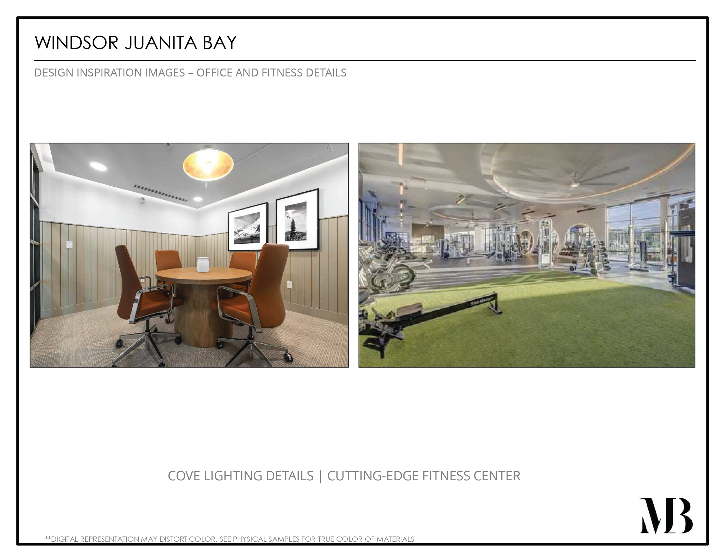 Interior design inspiration images of an office meeting room with wood-paneled walls and a contemporary fitness center with gym equipment and green artificial turf.