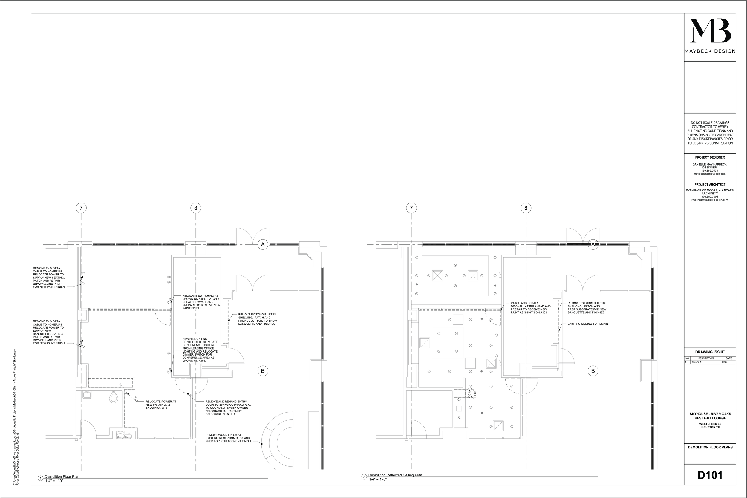Architectural demolition floor plan drawing for a building, showing structural layout, doors, walls, and notes for removal and renovation.