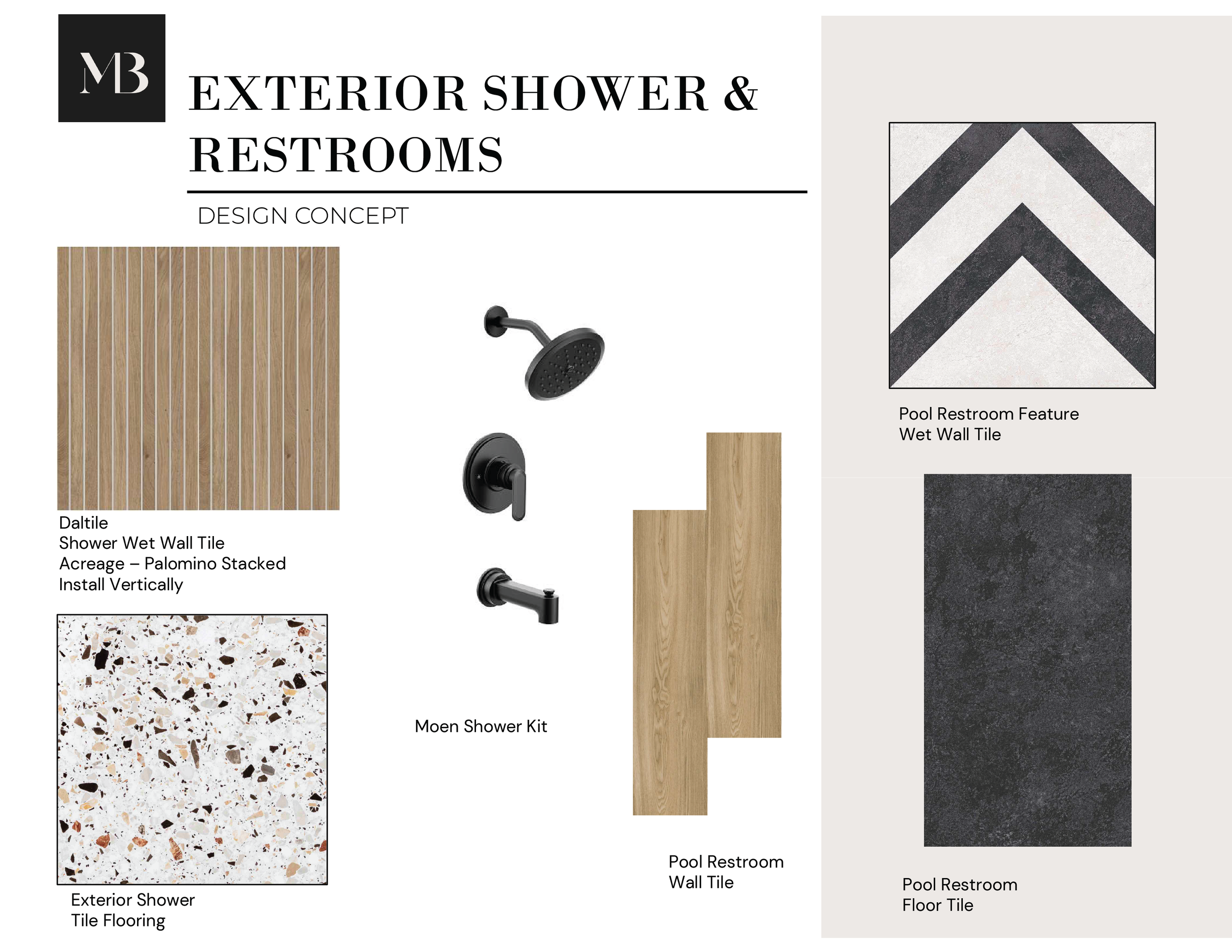 Design concept for exterior shower and restrooms, including wall and floor tiles, shower kit, and feature tiles. The tiles shown include a wood-look wall tile, terrazzo floor tile, and wet wall tiles with a chevron pattern and dark textured finish.