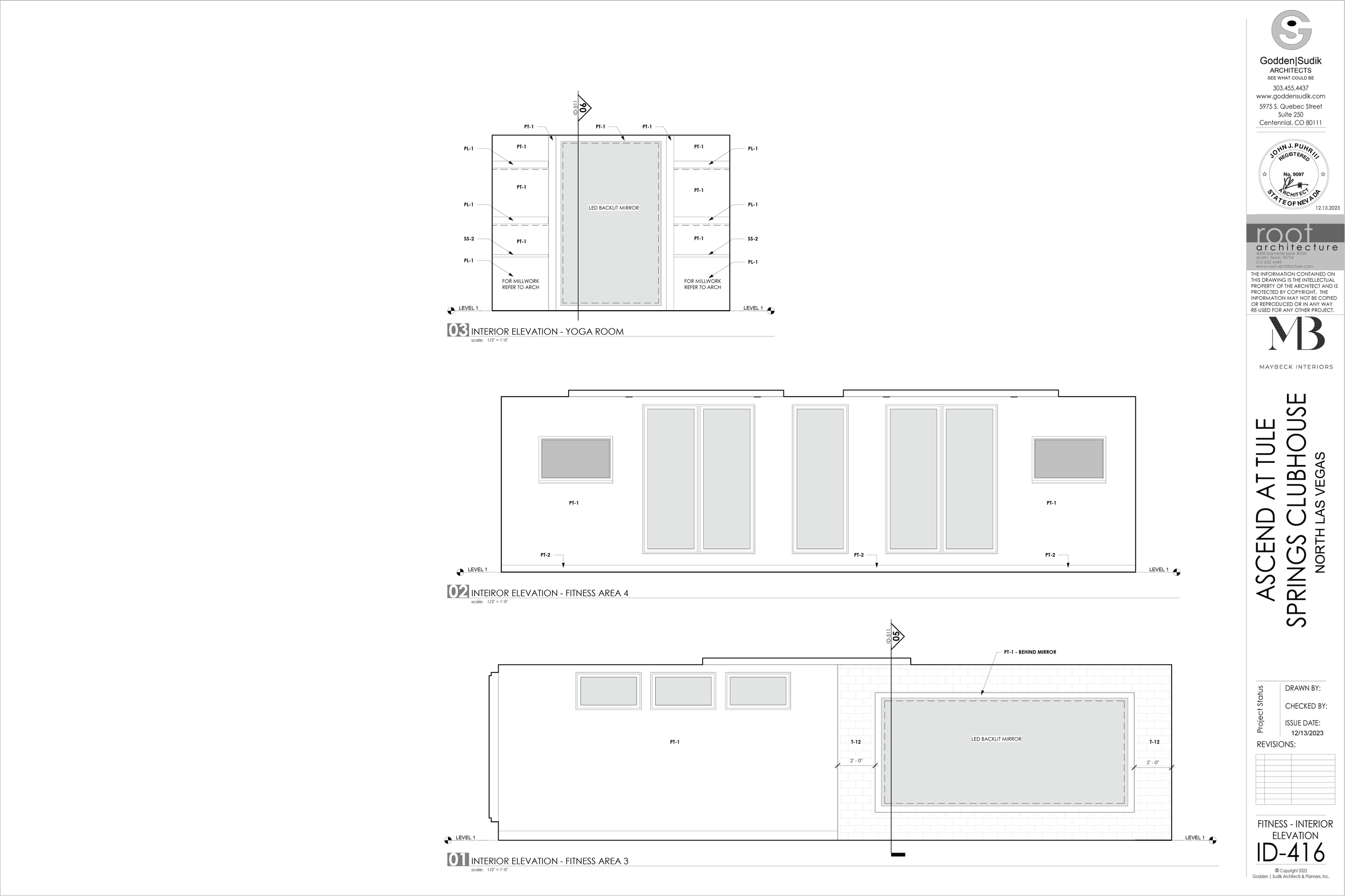 Architectural blueprint of interior elevation views of a yoga room and fitness areas, including details of windows, mirrors, and lighting fixtures for Ascend Attule Springs Clubhouse, North Las Vegas.
