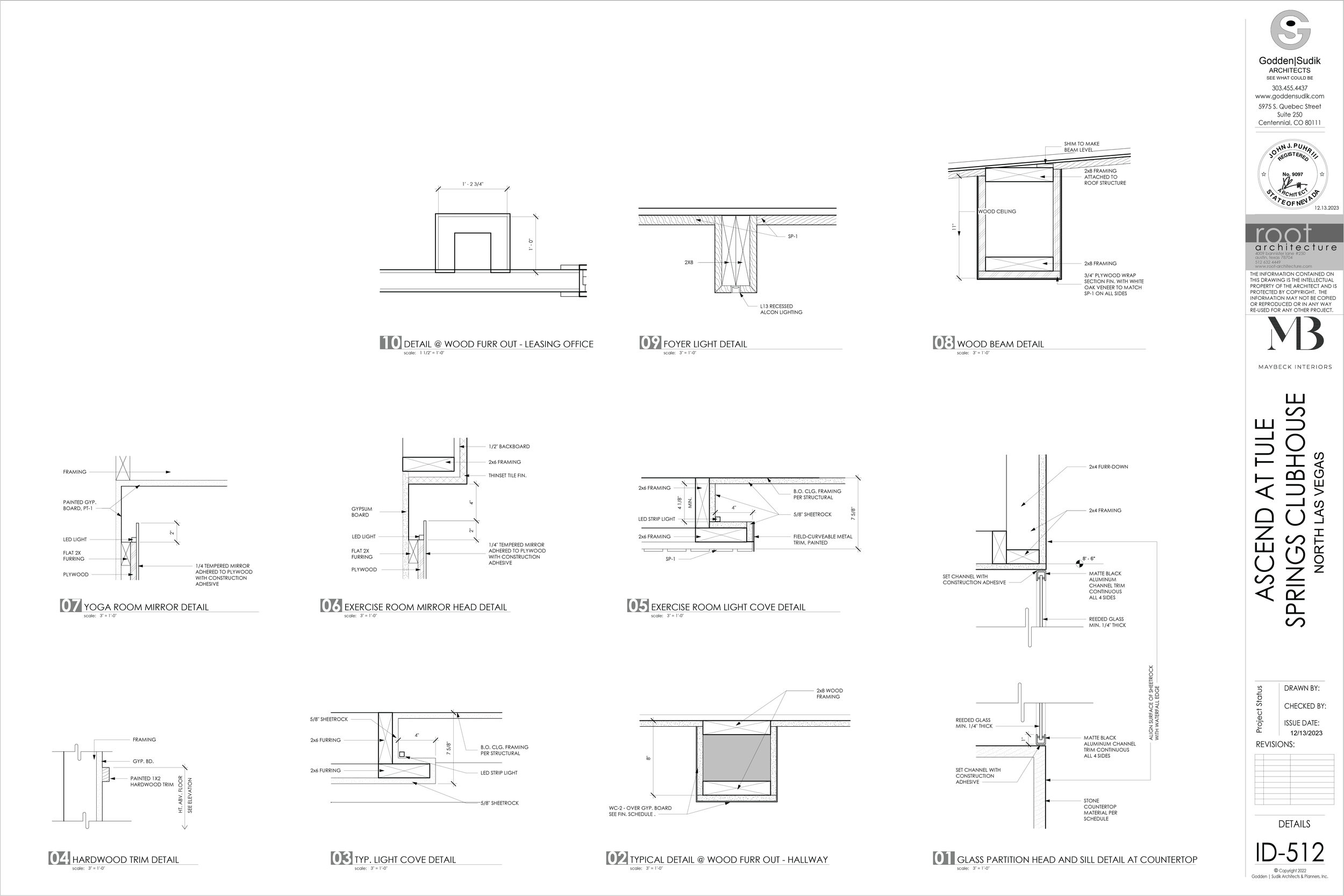 Architectural blueprint for Ascend Attic, Springs Clubhouse, North Las Vegas, including details of wood fur out, foyer light, wood beam, yoga room mirror, exercise room mirror, exercise room light cove, hardwood trim, typical light cove, wood fur out hallway, glass partition, and counter top.