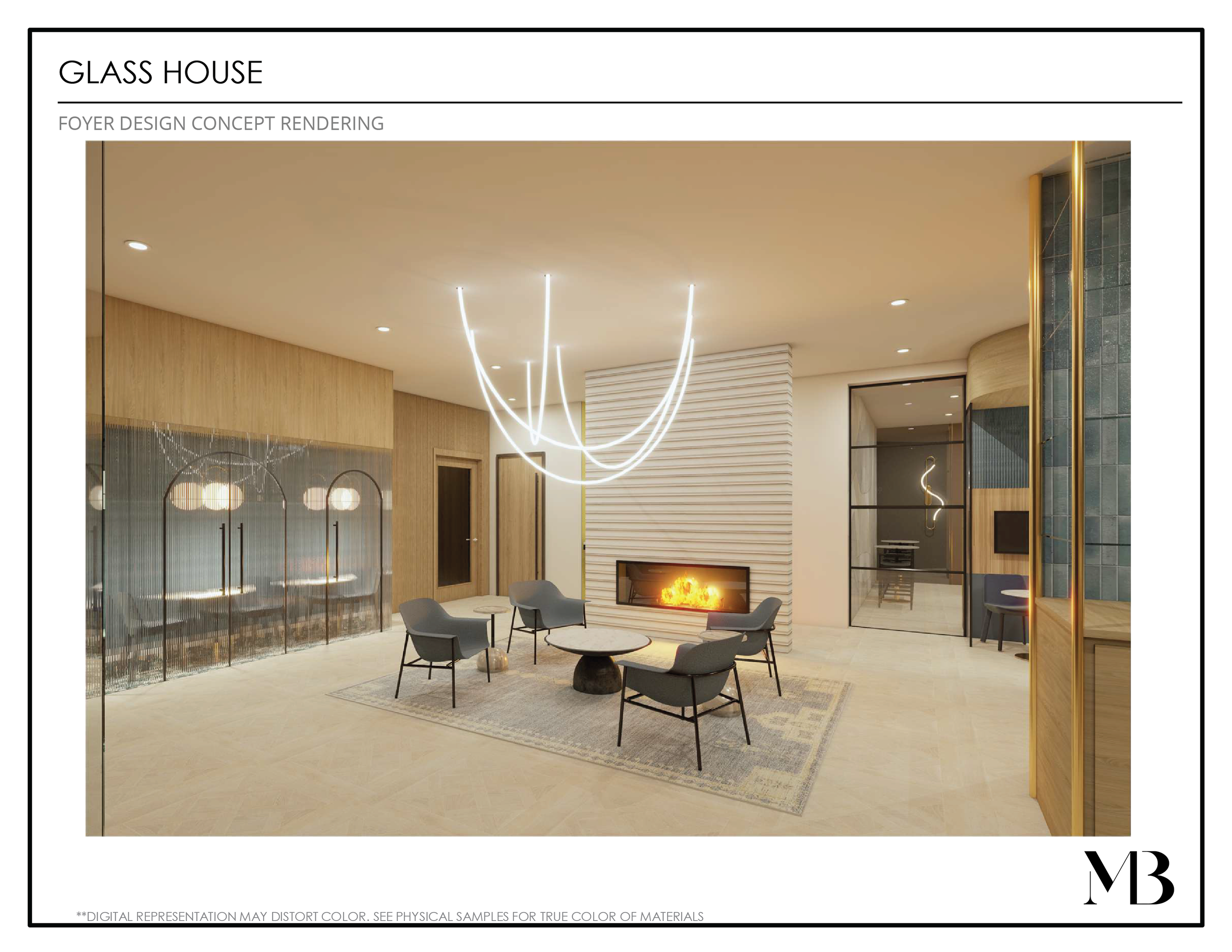 Render of a modern loft-style interior with a fireplace, contemporary furniture, and decorative lighting