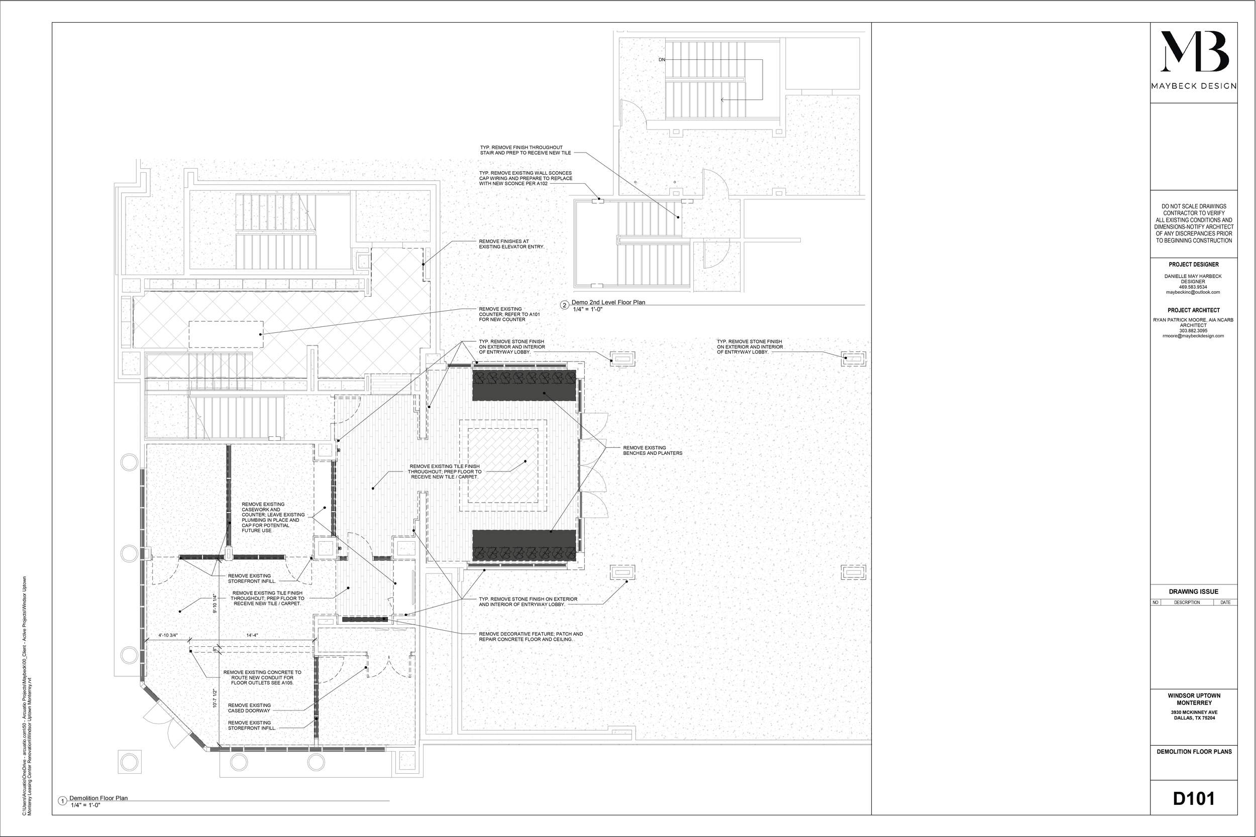 Architectural demolition floor plan with annotations, showing removal of walls, finishes, and features in a building"}