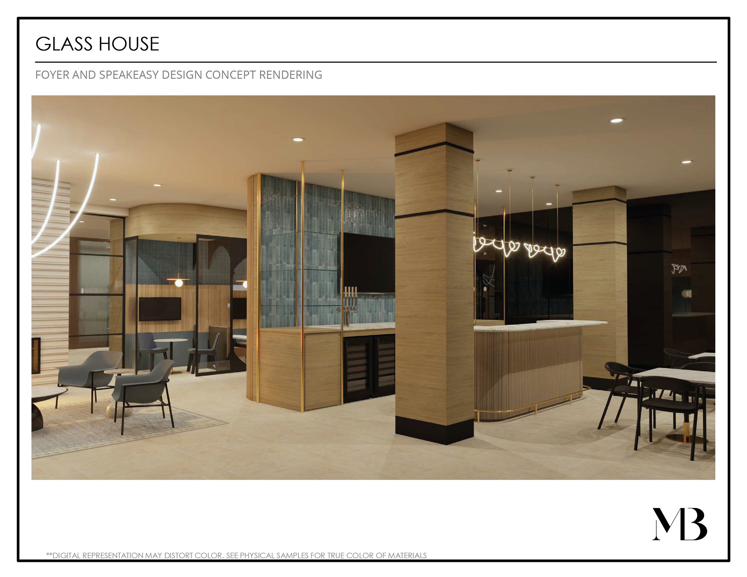 Interior rendering of a modern lounge area with seating, a bar counter, and decorative lighting, using wood, glass, and tile materials.