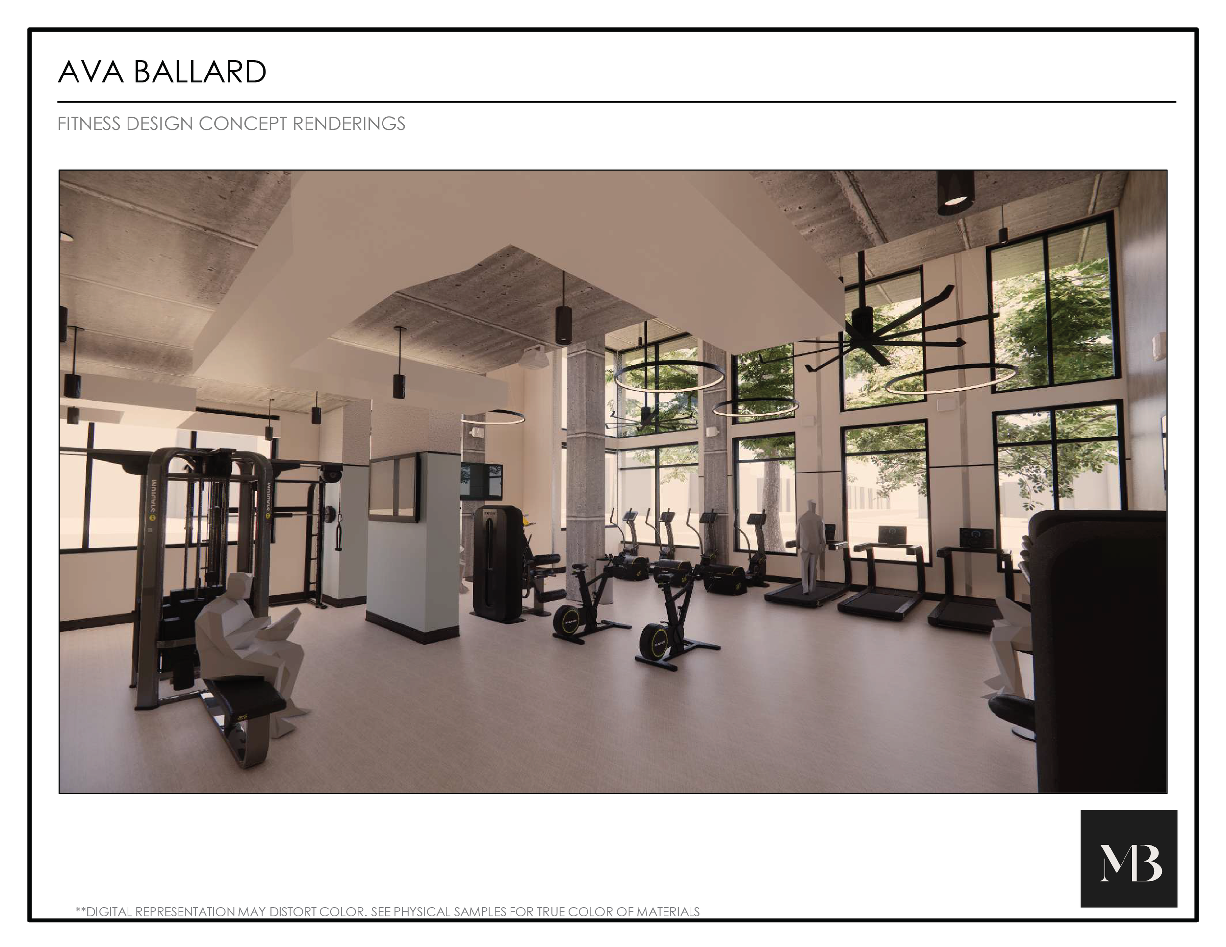 Modern gym interior with large windows, exercise equipment including stationary bikes, treadmills, and strength training machines, and minimalist decor.