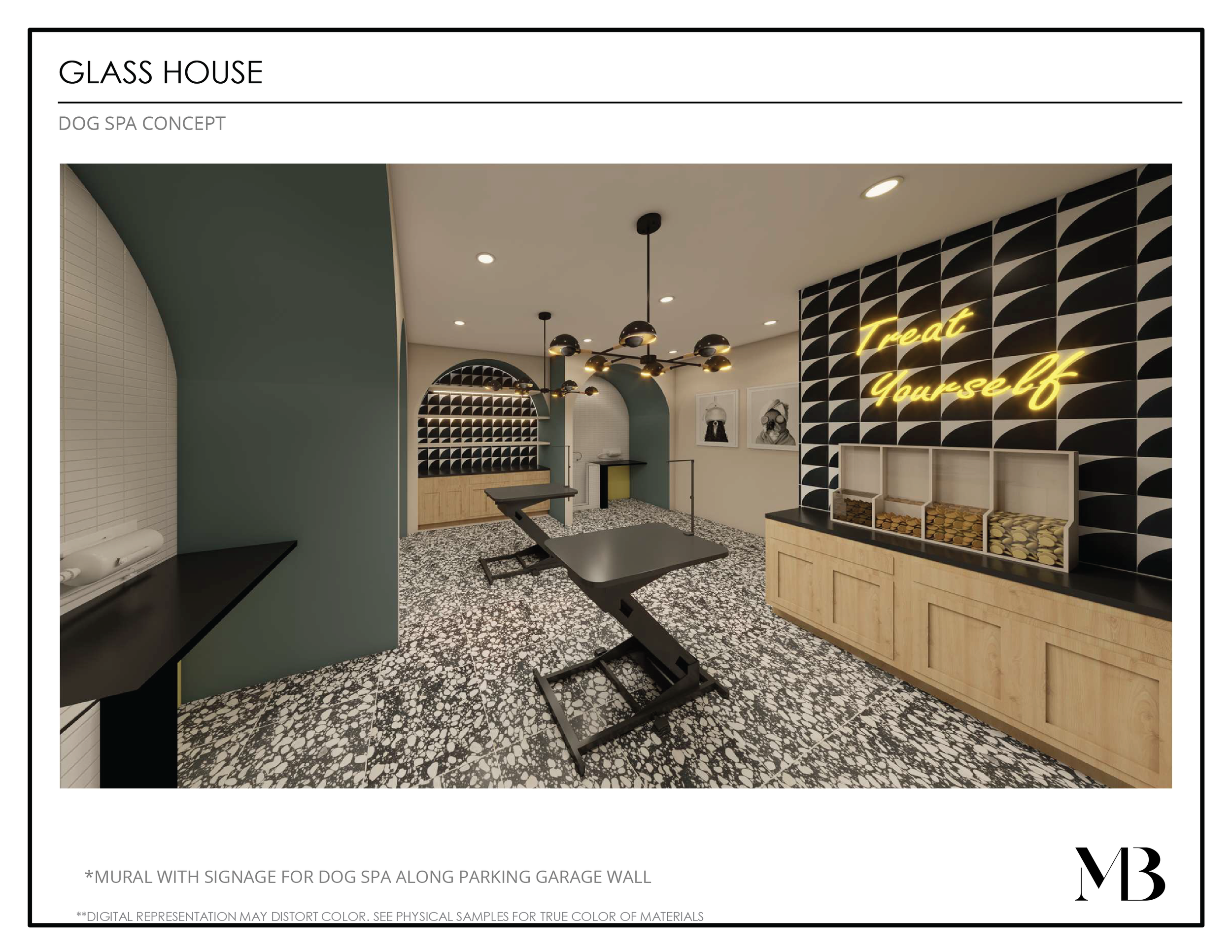 Interior of a dog spa with a massage table, black and white patterned flooring, green and beige walls, and a black wall with a neon sign that says 'Treat Yourself.' There are shelves with dog treats and framed art on the walls.