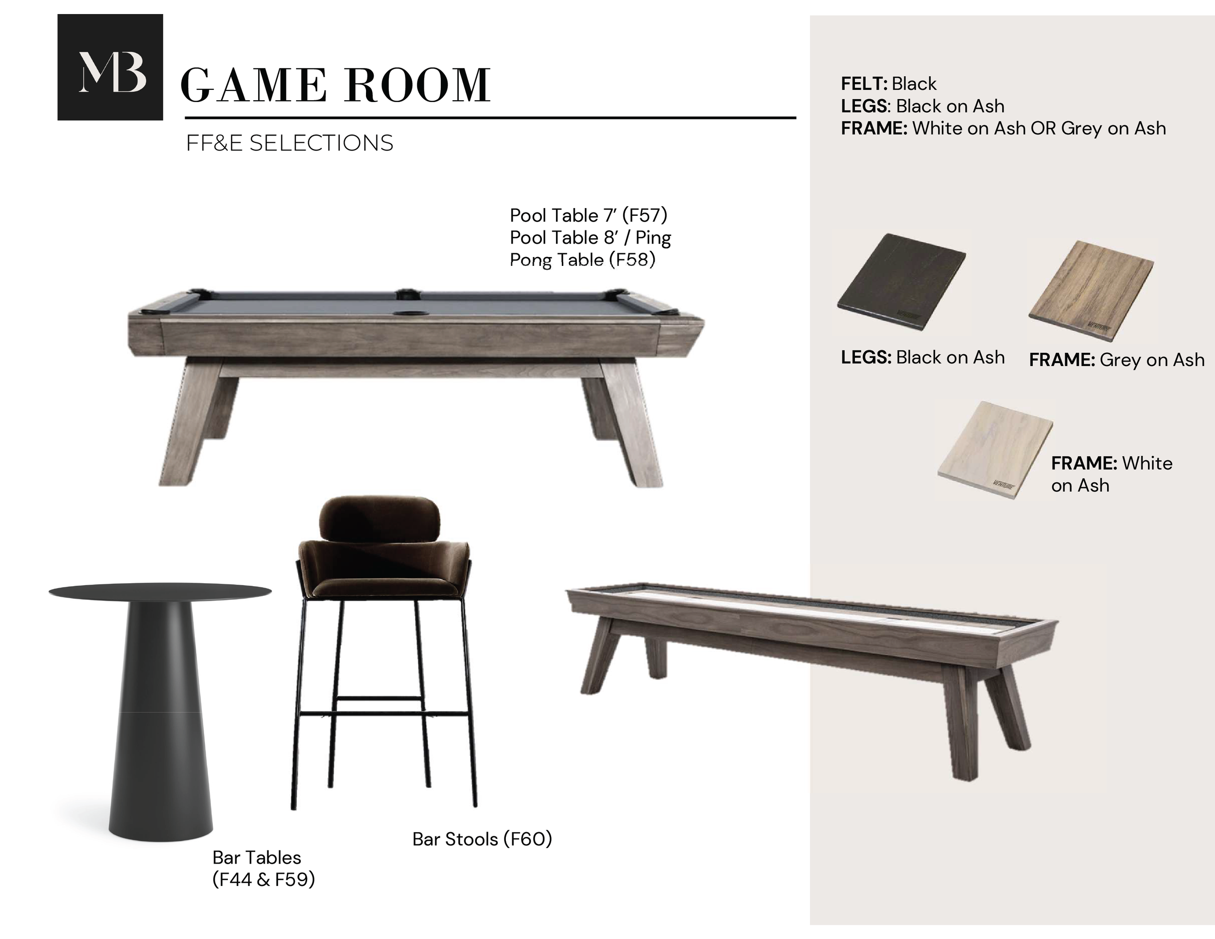 Design catalog for a game room showcasing a pool table, bar table, bar stool, and pictures of different leg and frame options. The pool table is shown with a wood finish, black felt, and options for frame and leg colors. The bar table is black, and the bar stool has a black frame and brown seat. Different frames are displayed in grey, white, and ash wood finishes.