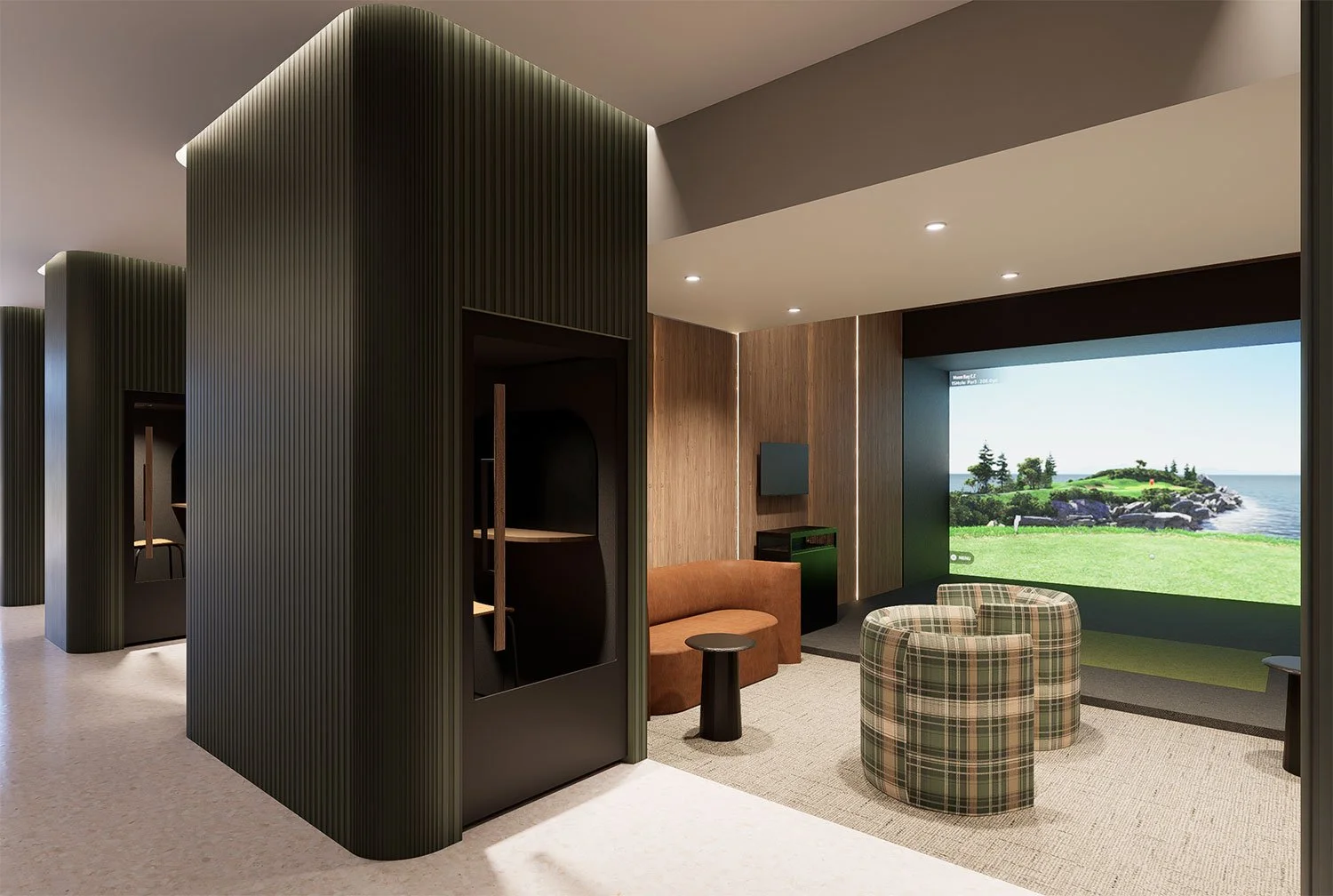 Interior of a modern lounge area with a large window showing a green landscape and ocean, featuring a plaid-patterned armchair, a brown sofa, a small black side table, and wood-paneled walls