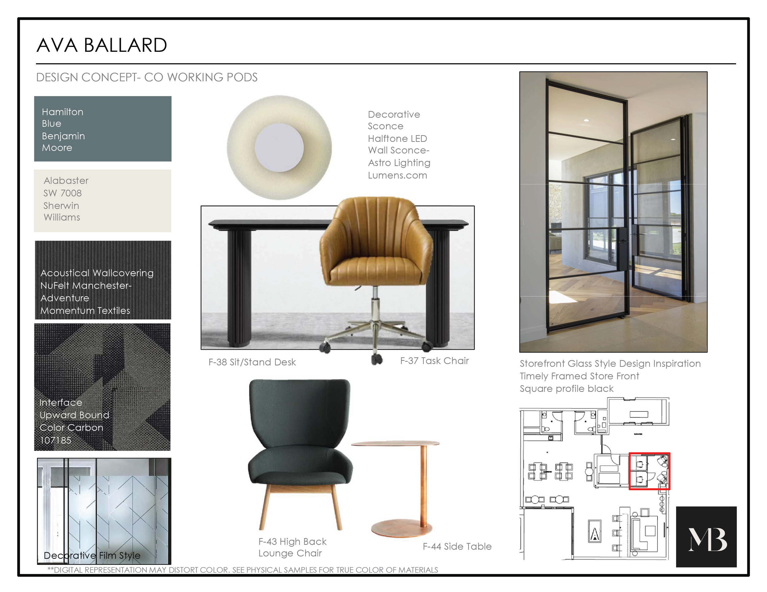 Interior design mood board featuring office furniture, lighting, glass walls, and a floor plan for a workspace.