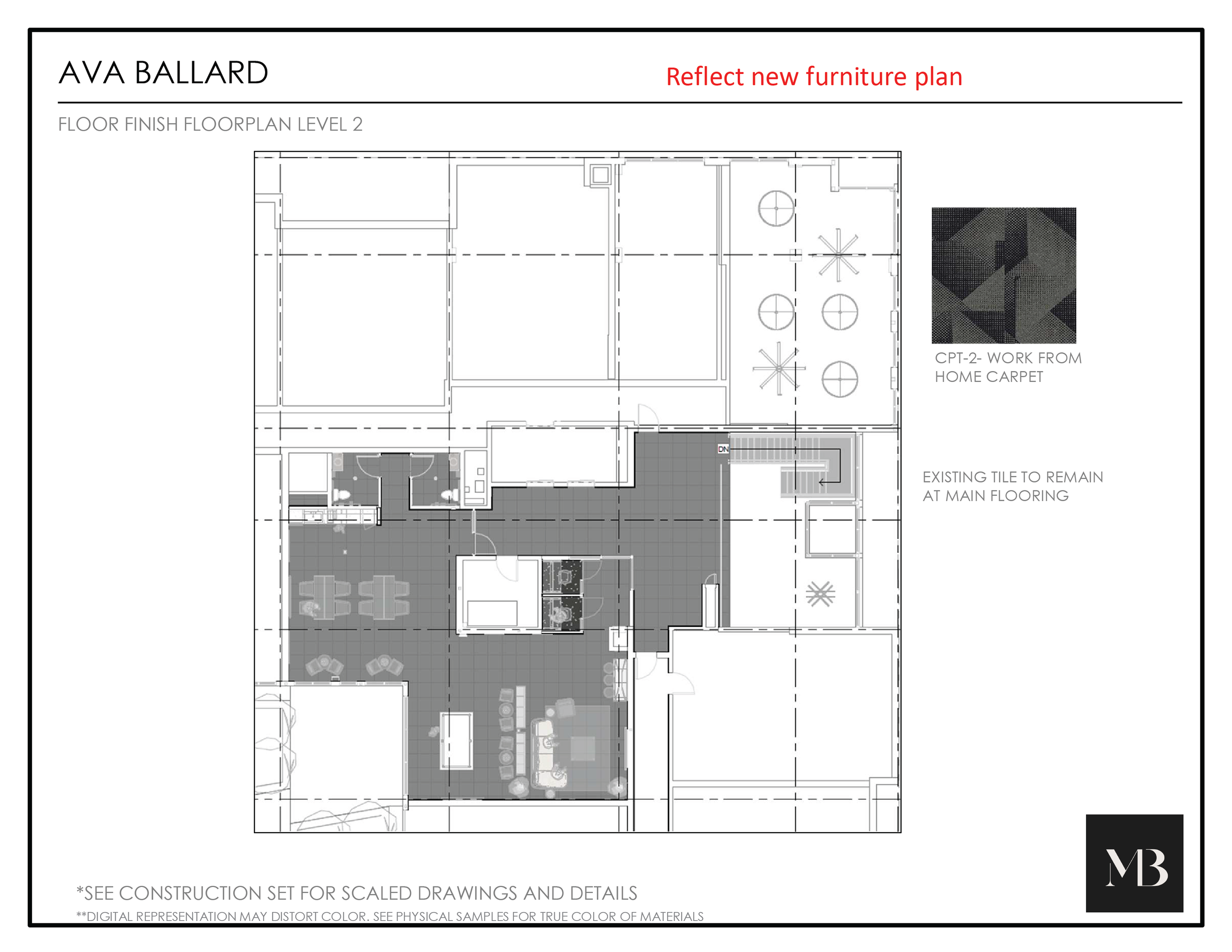 Floor plan labeled 'AVA BALLARD' with a note to reflect new furniture plan, showing different rooms and areas, including a work from home carpet sample, existing tile, and a logo 'M3' at the bottom right corner.