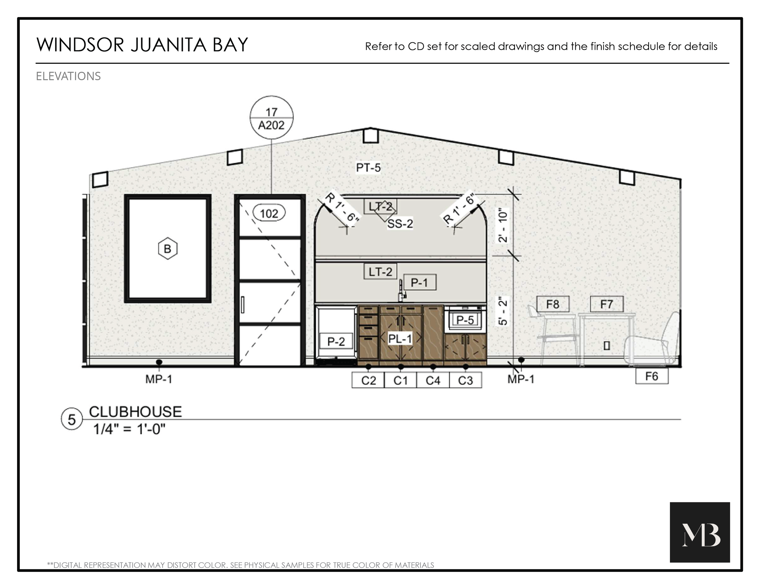 Architectural elevation drawing of Windsor Juanita Bay clubhouse showing room layouts, furniture, and measurements.