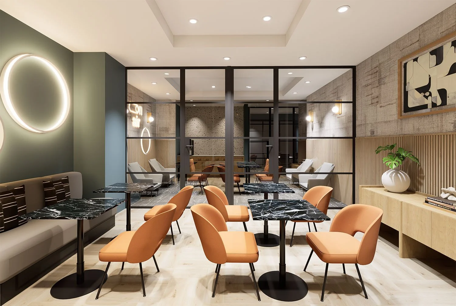 Modern café with peach chairs, black marble tables, and a glass partition separating two seating areas, decorated with minimalistic art and a large white vase with a green plant.