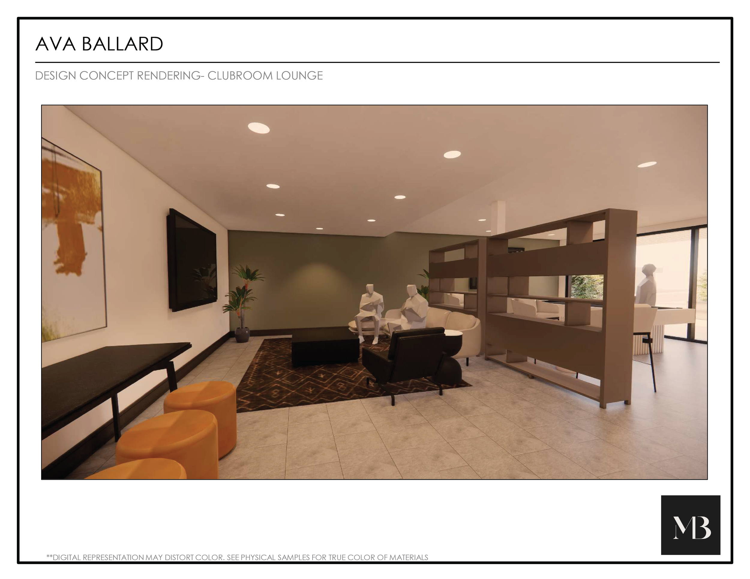 Interior of a modern clubroom lounge with seating area, flat-screen TV on wall, artworks, plants, and a large window letting in natural light.