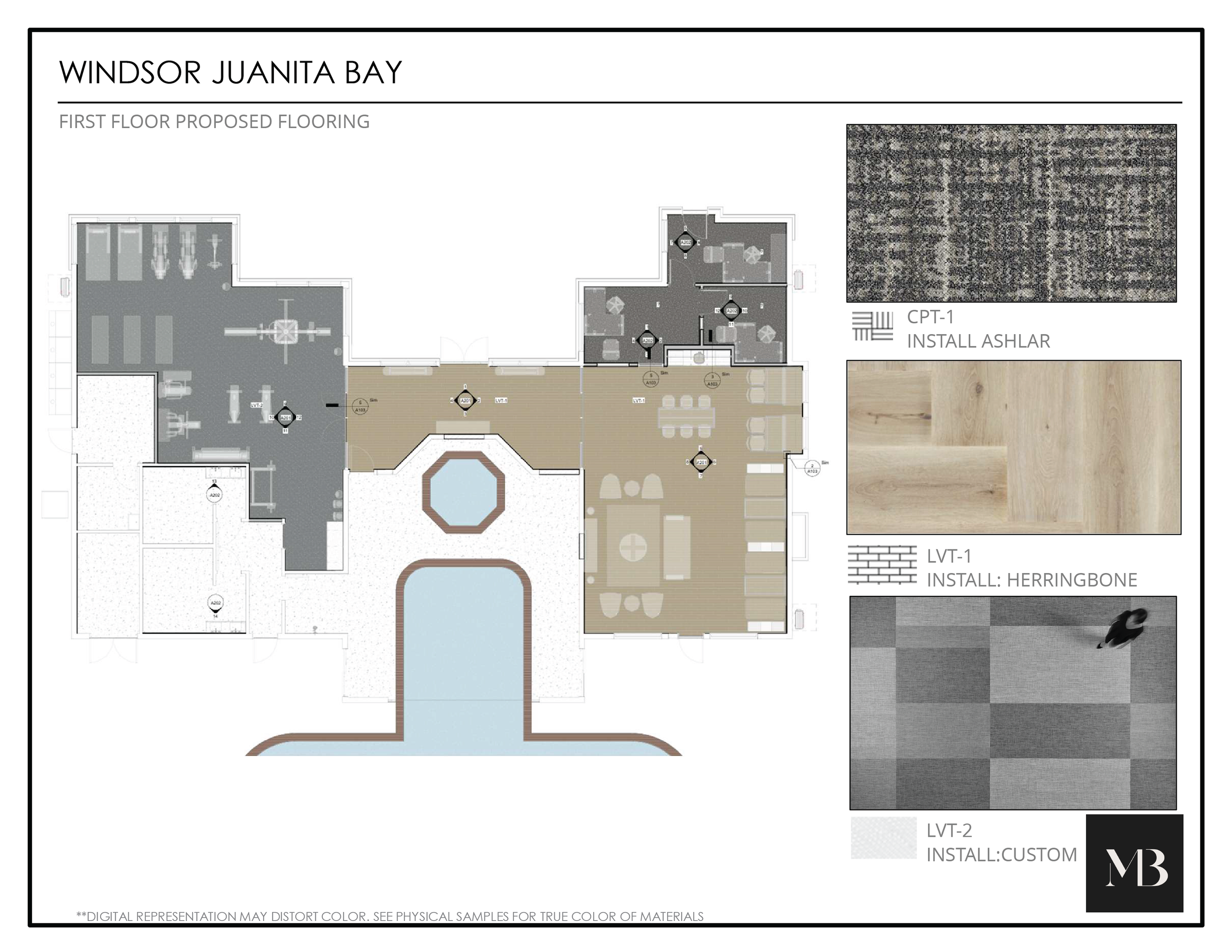 Architectural floor plan of Windsor Juanita Bay first-floor proposed flooring, showing layout and interior design details, with samples of carpets, hardwood, and custom flooring options.