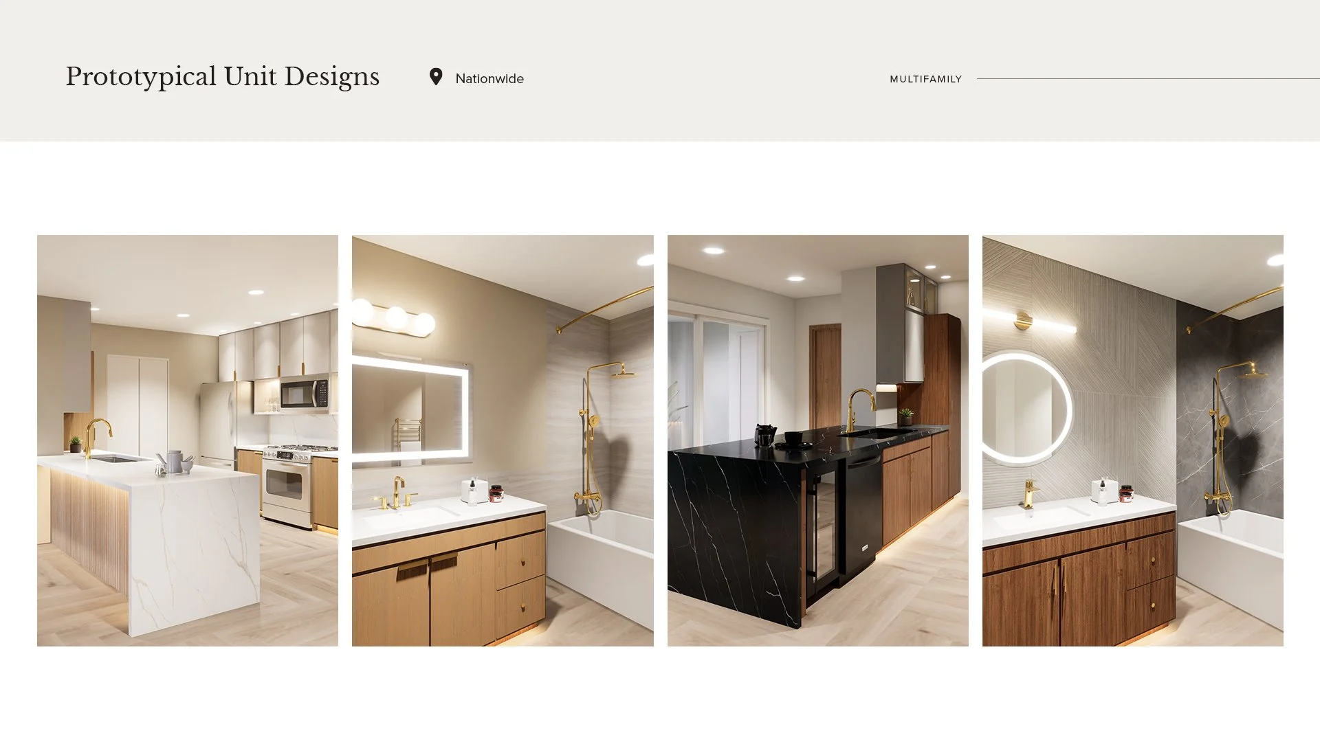 Collection of four photos showcasing modern bathroom and kitchen design prototypes with various cabinetry and lighting features.