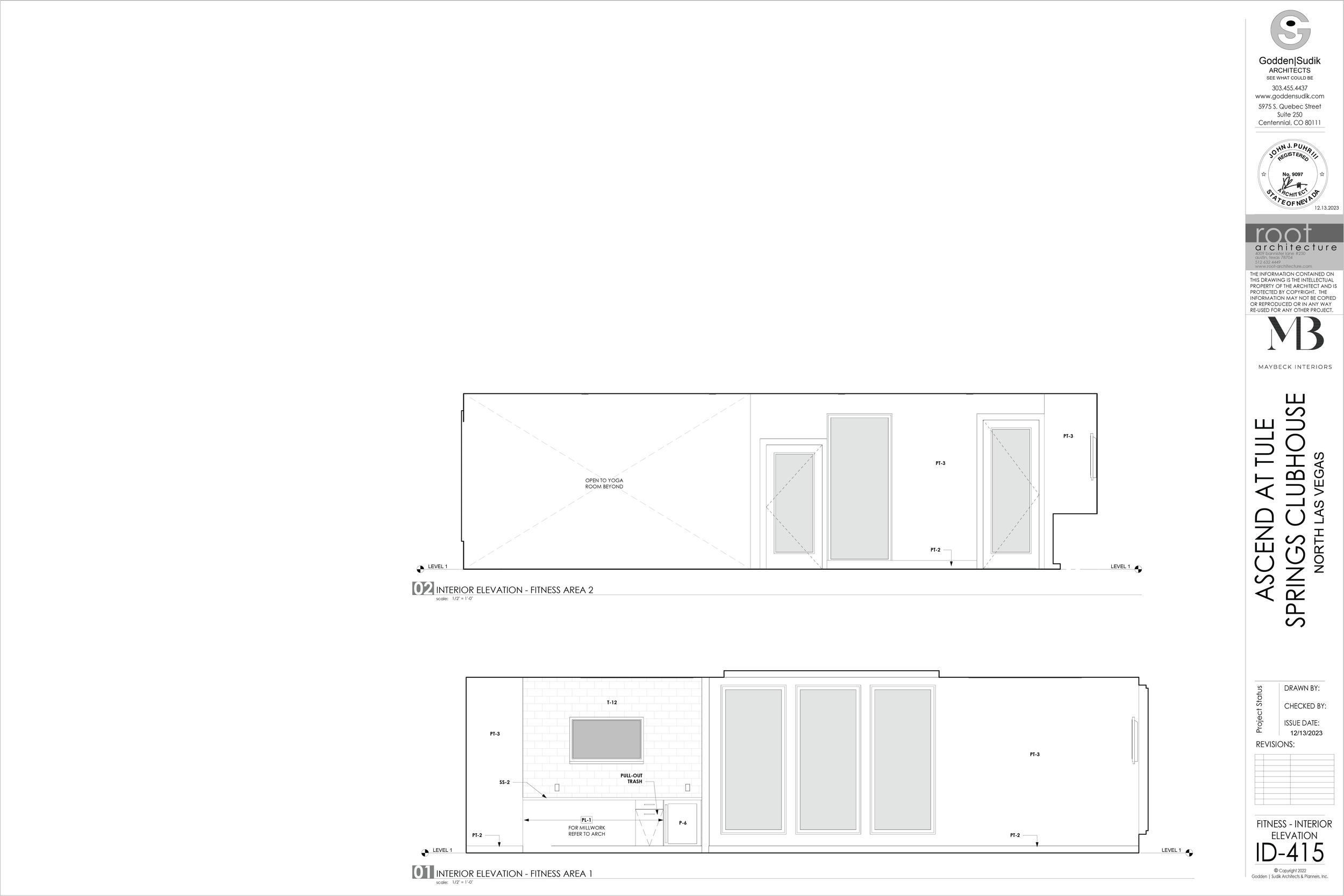 Interior elevation plan for fitness areas in a clubhouse, showing windows, doors, and labels for different sections.