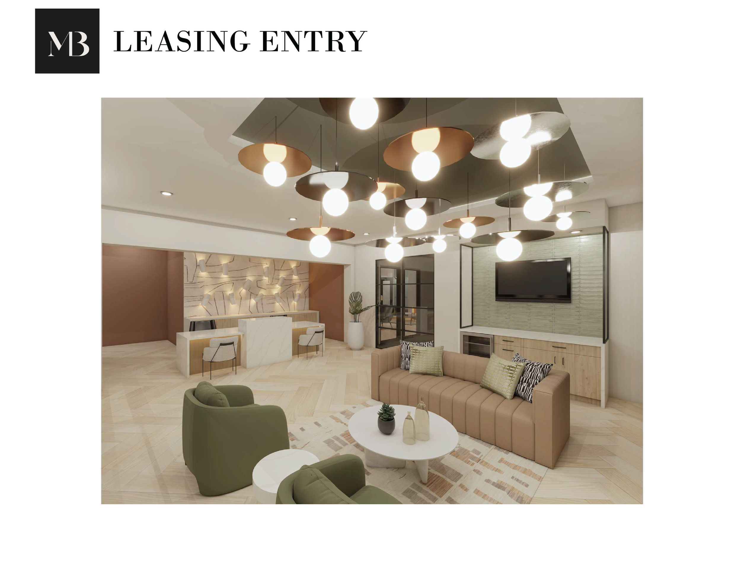 Elegant leasing office with modern furniture, pendant lighting, a television, and decorative accents.